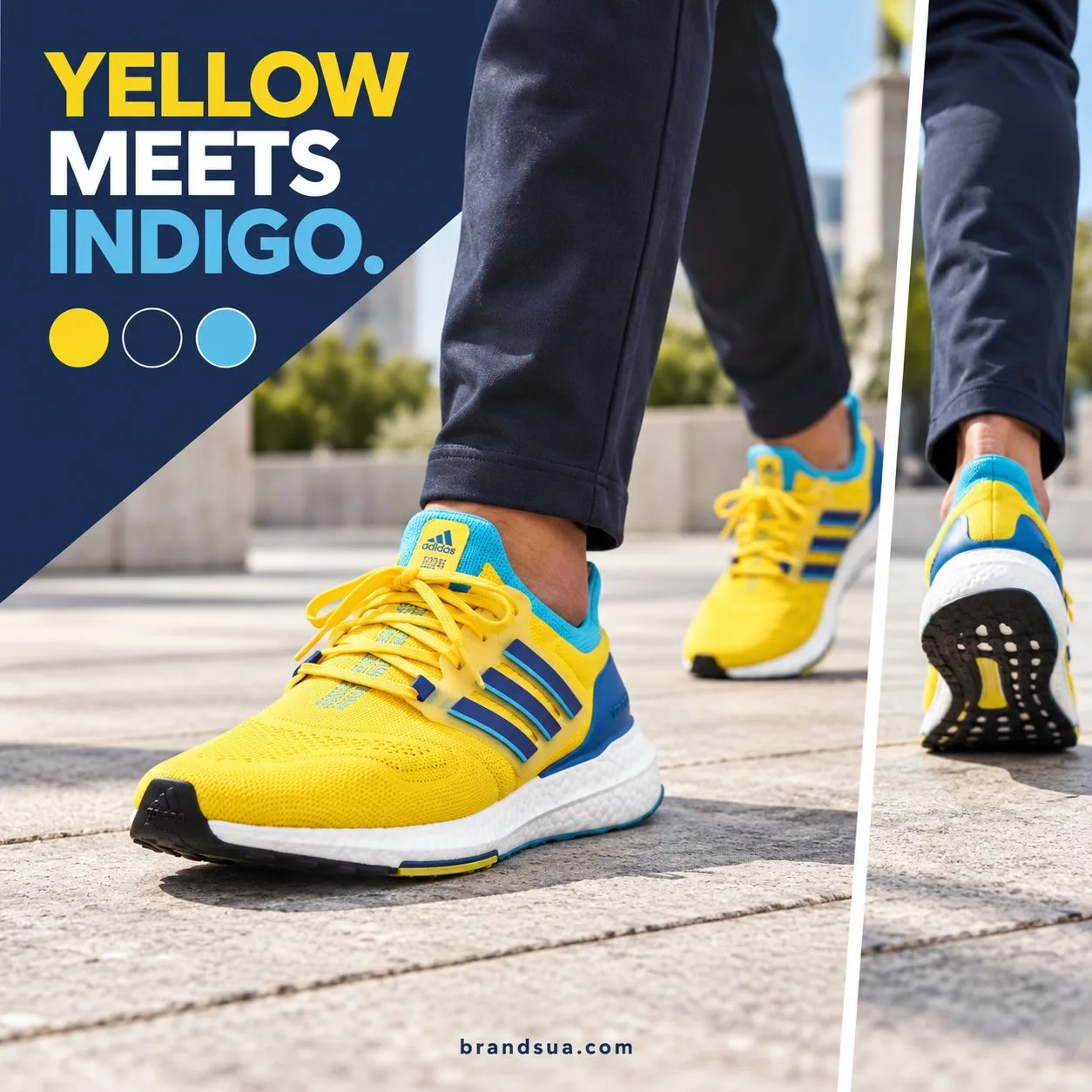 Adidas Ultraboost yellow legacy Indigo sky Rush GW1710 — Adult walking across light stone plaza in navy tapered trousers, ex…