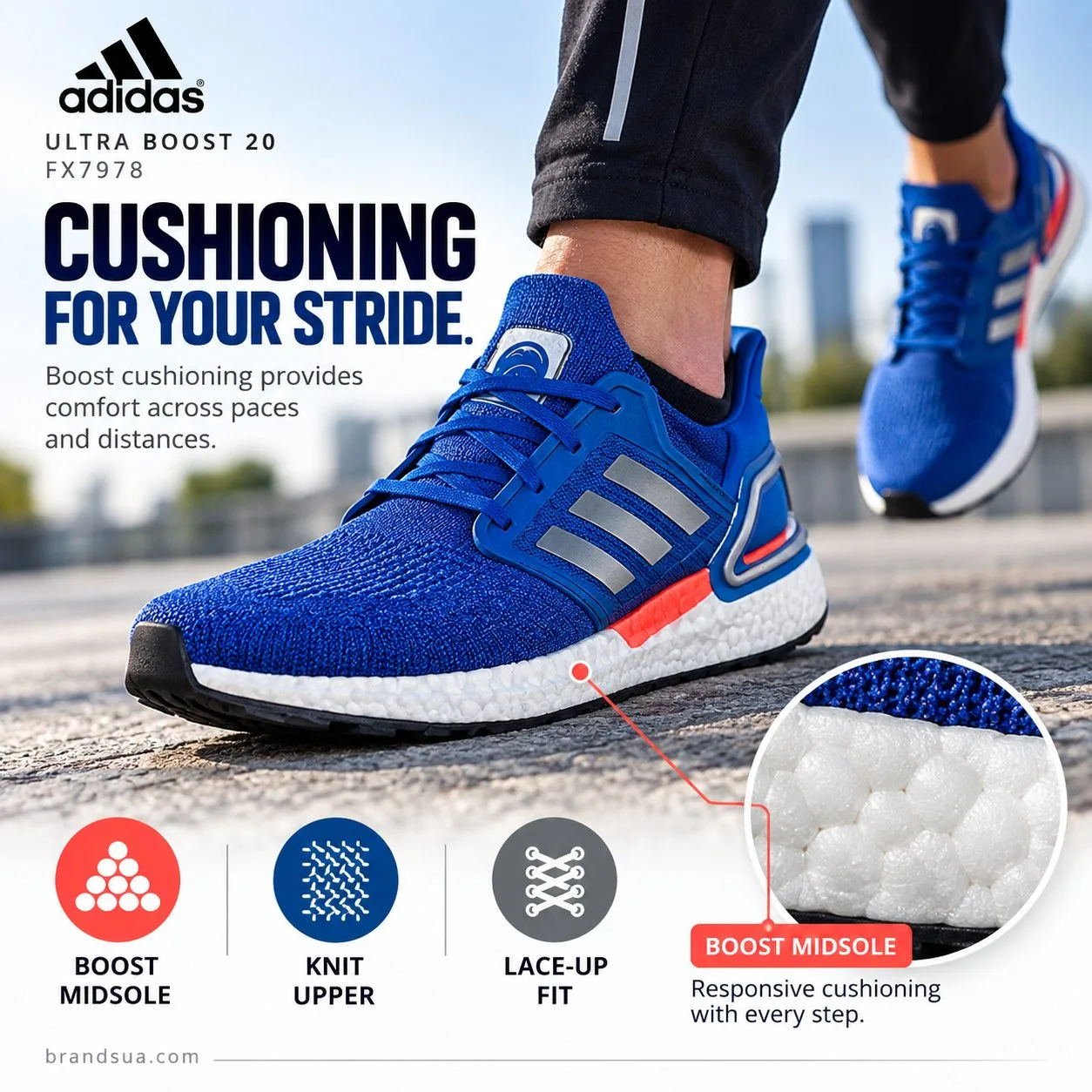 Adidas X Nasa UltraBoost 20 FX7978 — CUSHIONING FOR YOUR STRIDE.; Cropped runner stepping forward on a clean paved path; mac…