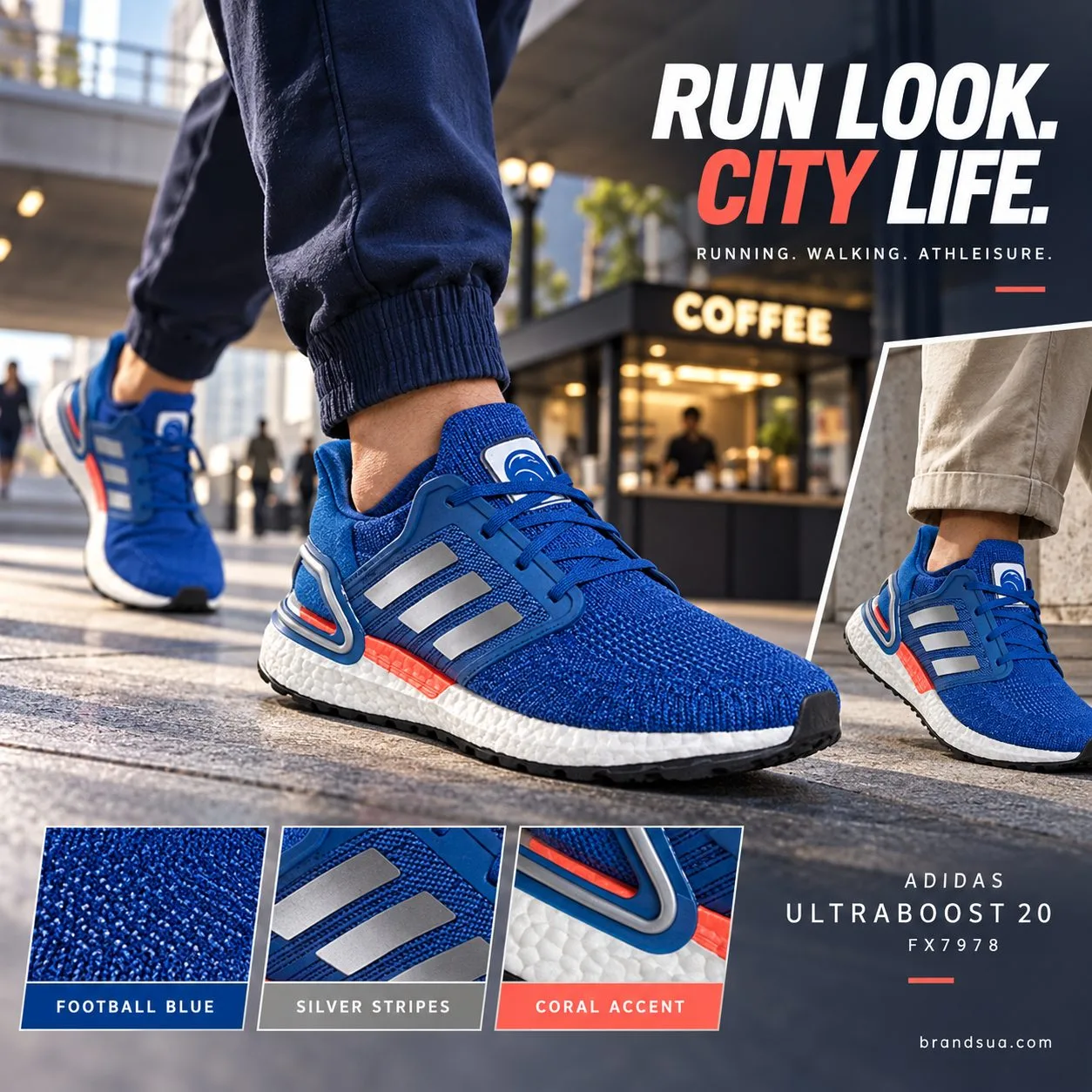 Adidas X Nasa UltraBoost 20 FX7978 — RUN LOOK. CITY LIFE.; Adult in navy joggers briskly leaves a pedestrian underpass towar…