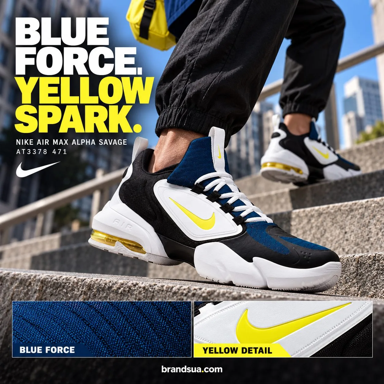 Buy Nike Air Max Alpha Savage Blue Force Black AT3378 471 — Outfit echoes original shoe accent rather than arbitrary effects.