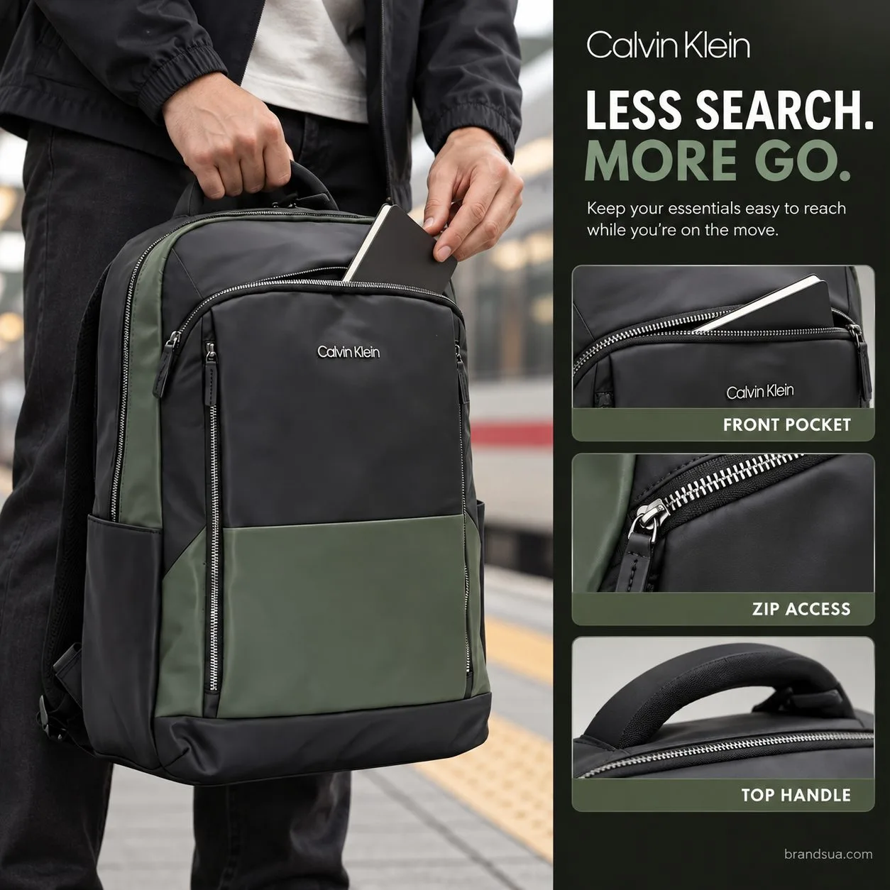 Calvin Klein Backpack — LESS SEARCH. MORE GO.; Cropped adult on station platform holding closed backpack by handle, other ha…
