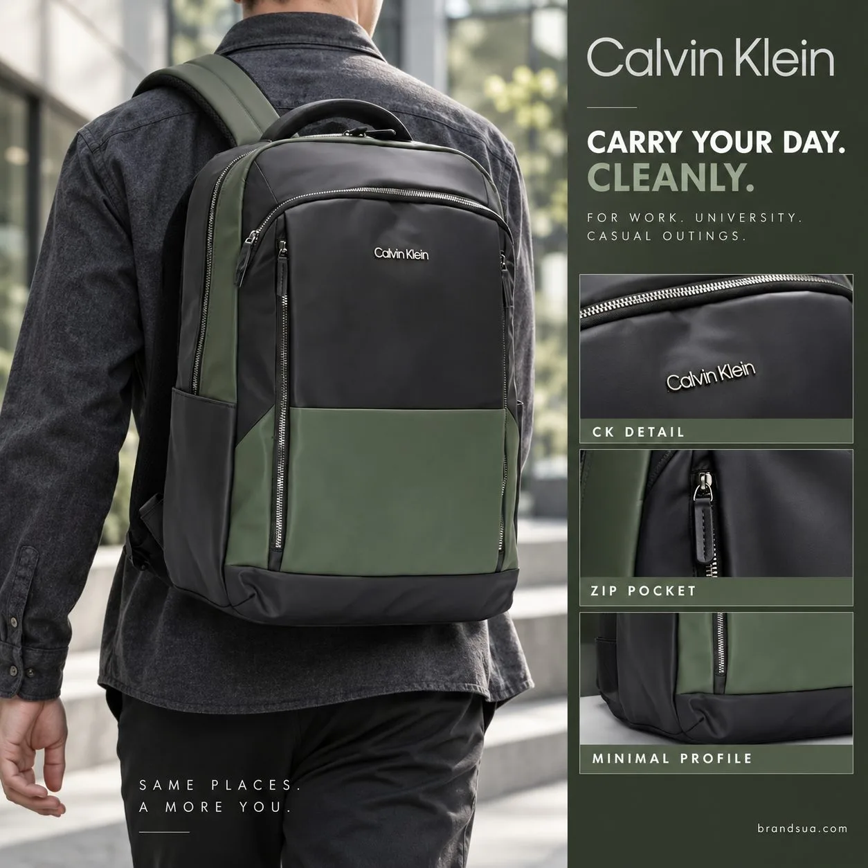 Calvin Klein Backpack — CARRY YOUR DAY. CLEANLY.; Adult in charcoal overshirt walking across office courtyard wearing bag; f…