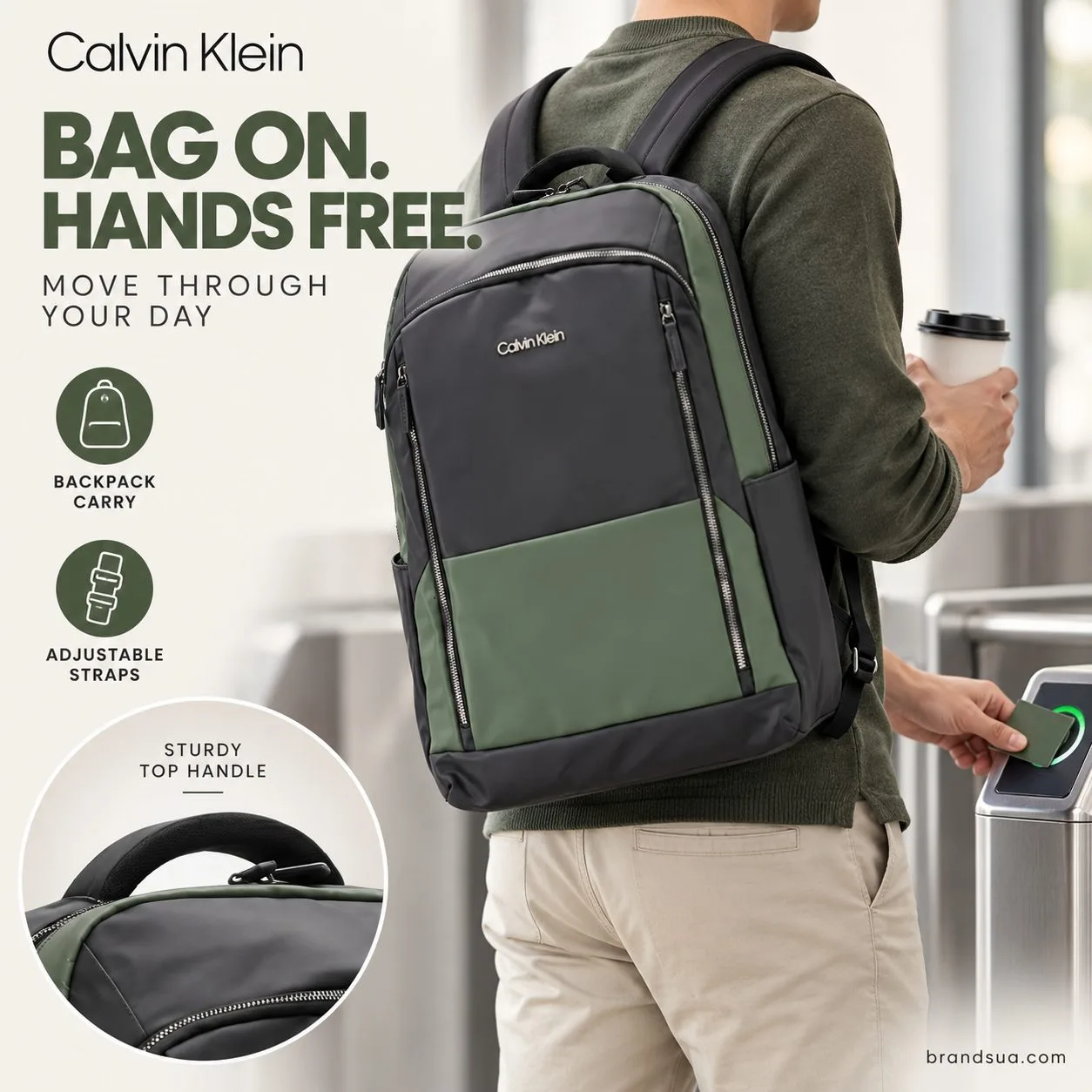Calvin Klein Backpack — BAG ON. HANDS FREE.; Cropped adult wearing backpack while one hand operates a transit gate card and…