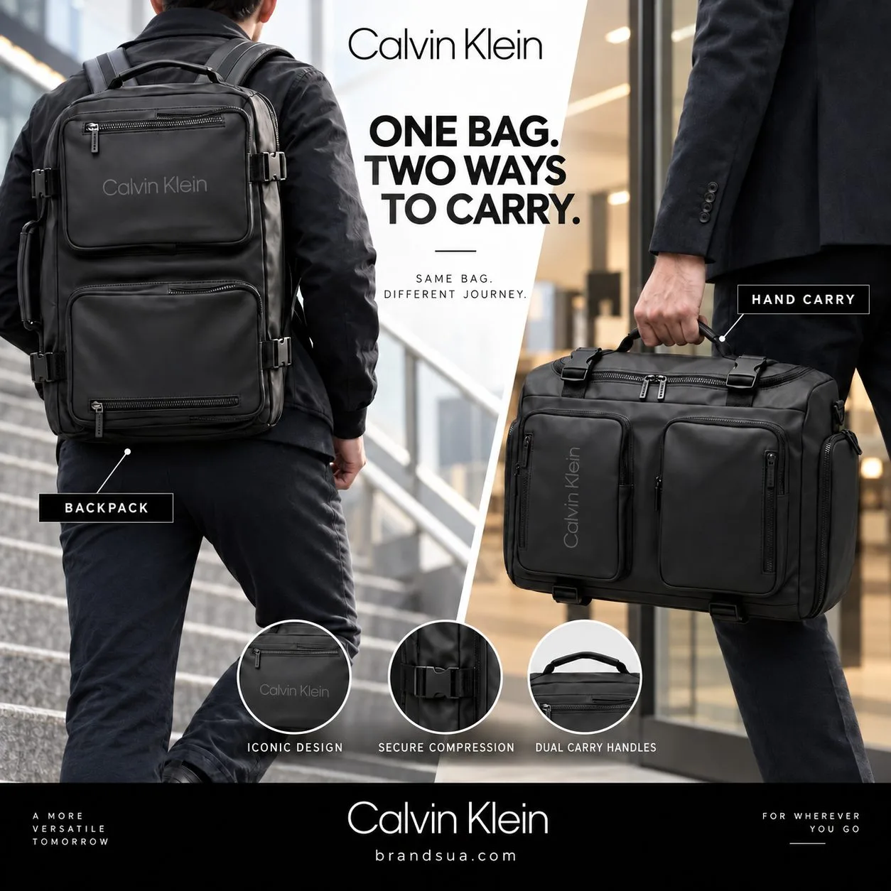 Calvin Klein Leather Multi-Use Backpack — Black — Side-by-side actual carrying modes show versatility clearly.