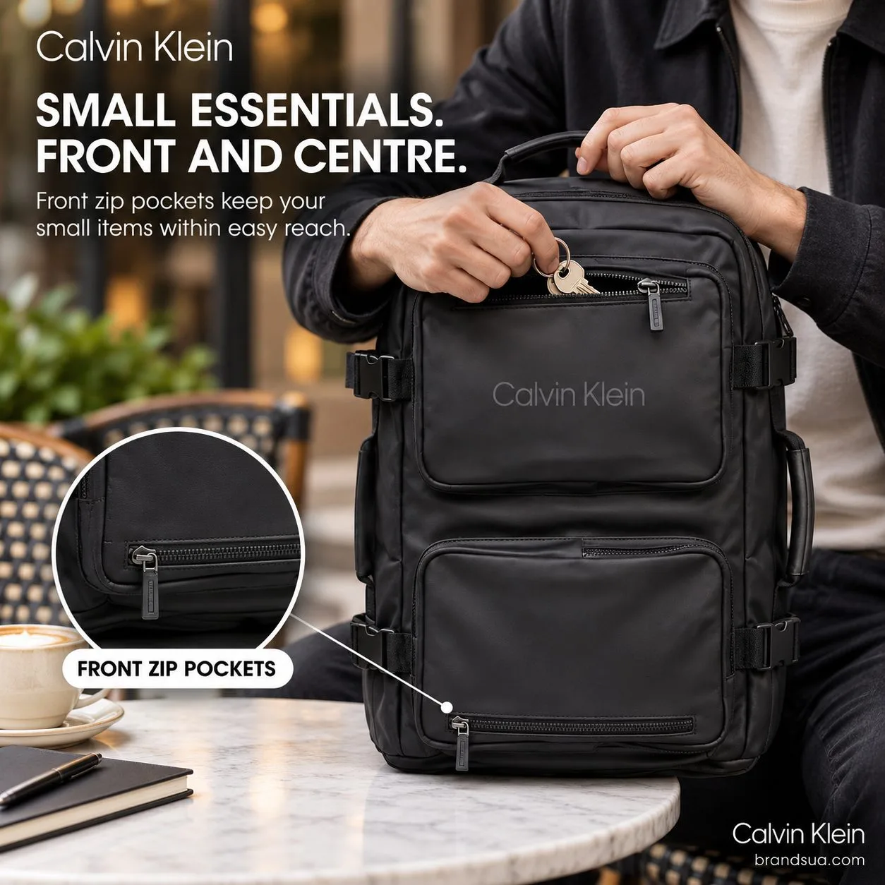 Calvin Klein Leather Multi-Use Backpack — Black — Hand access to actual frontzip demonstrates practical use.