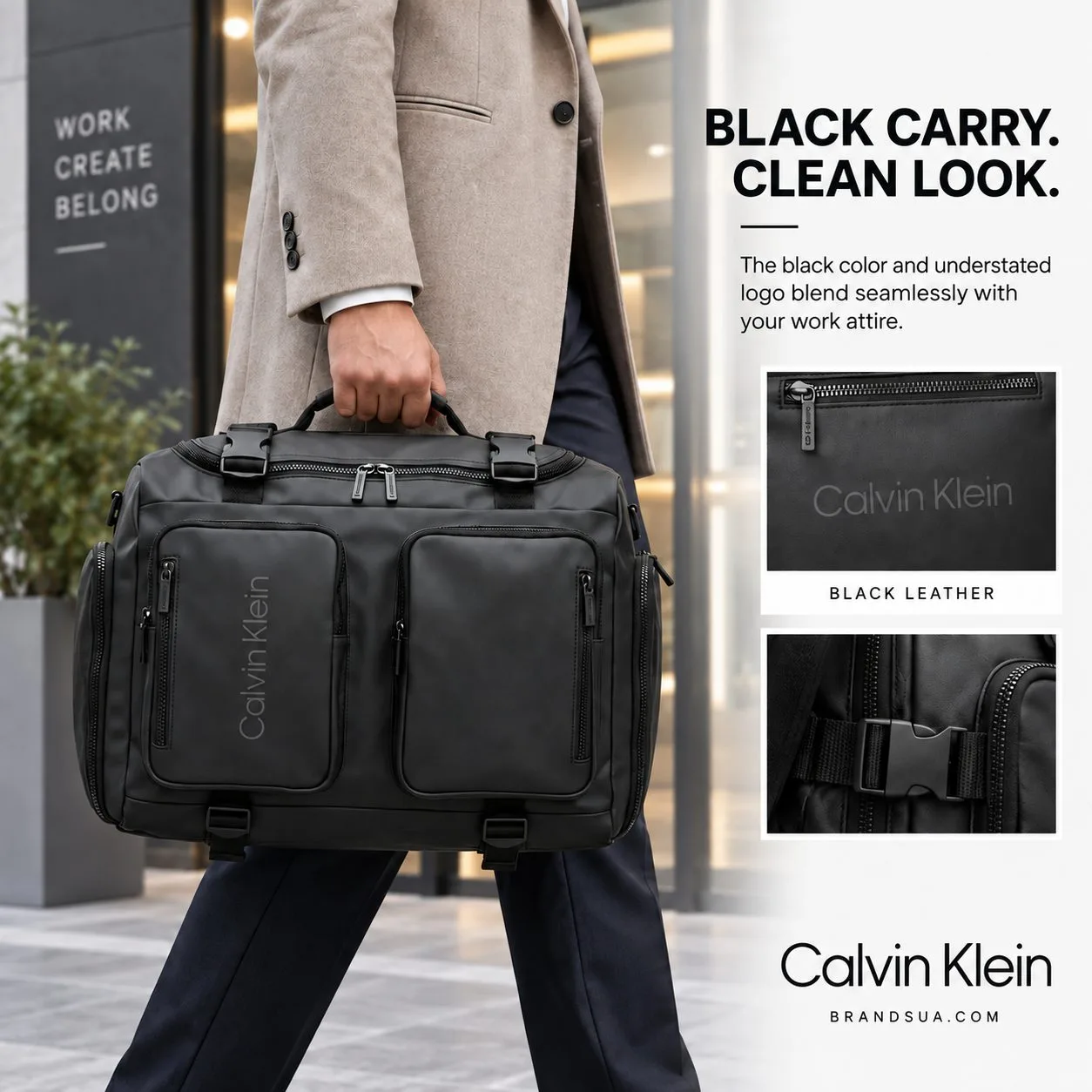 Calvin Klein Leather Multi-Use Backpack — Black — Professional outfit with understated bag makes aesthetic benefit tangible.