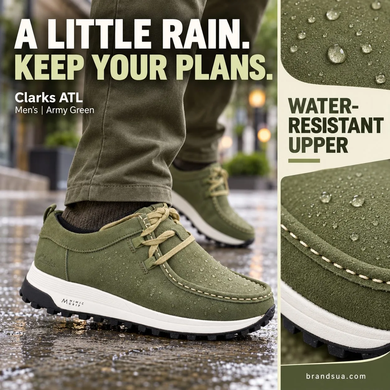 Clarks ATL Men's shoe in Army Green — A LITTLE RAIN. KEEP YOUR PLANS.; Adult in olivechinos walks dampcitypath in exactarmy…