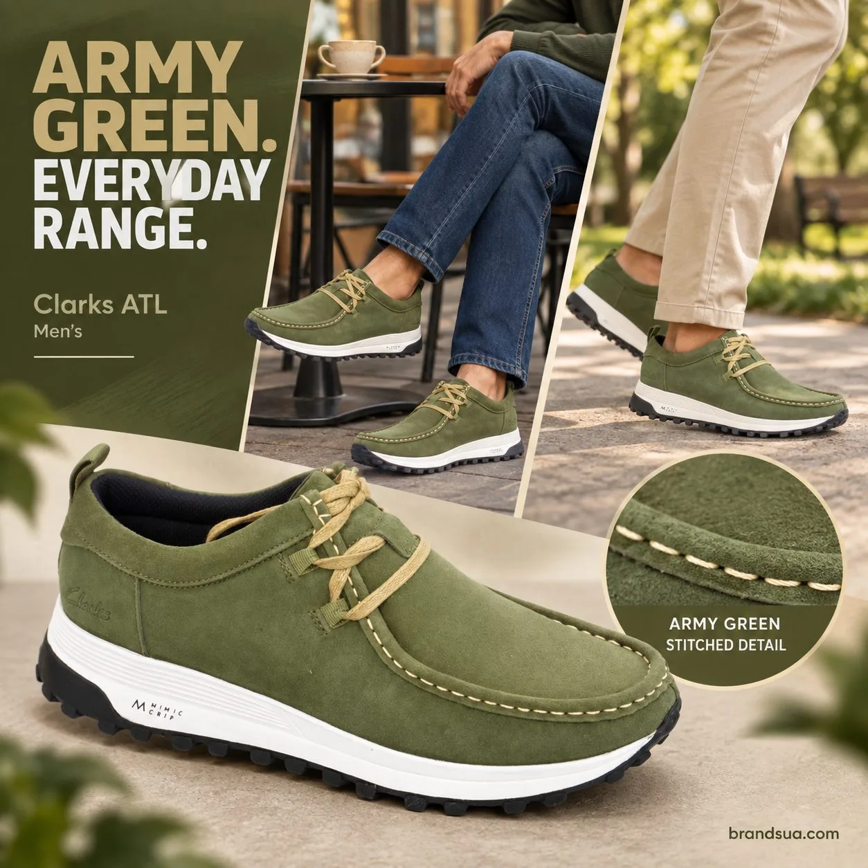Clarks ATL Men's shoe in Army Green — ARMY GREEN. EVERYDAY RANGE.; Asymmetric two actualwear photos exactshoe with denim atc…
