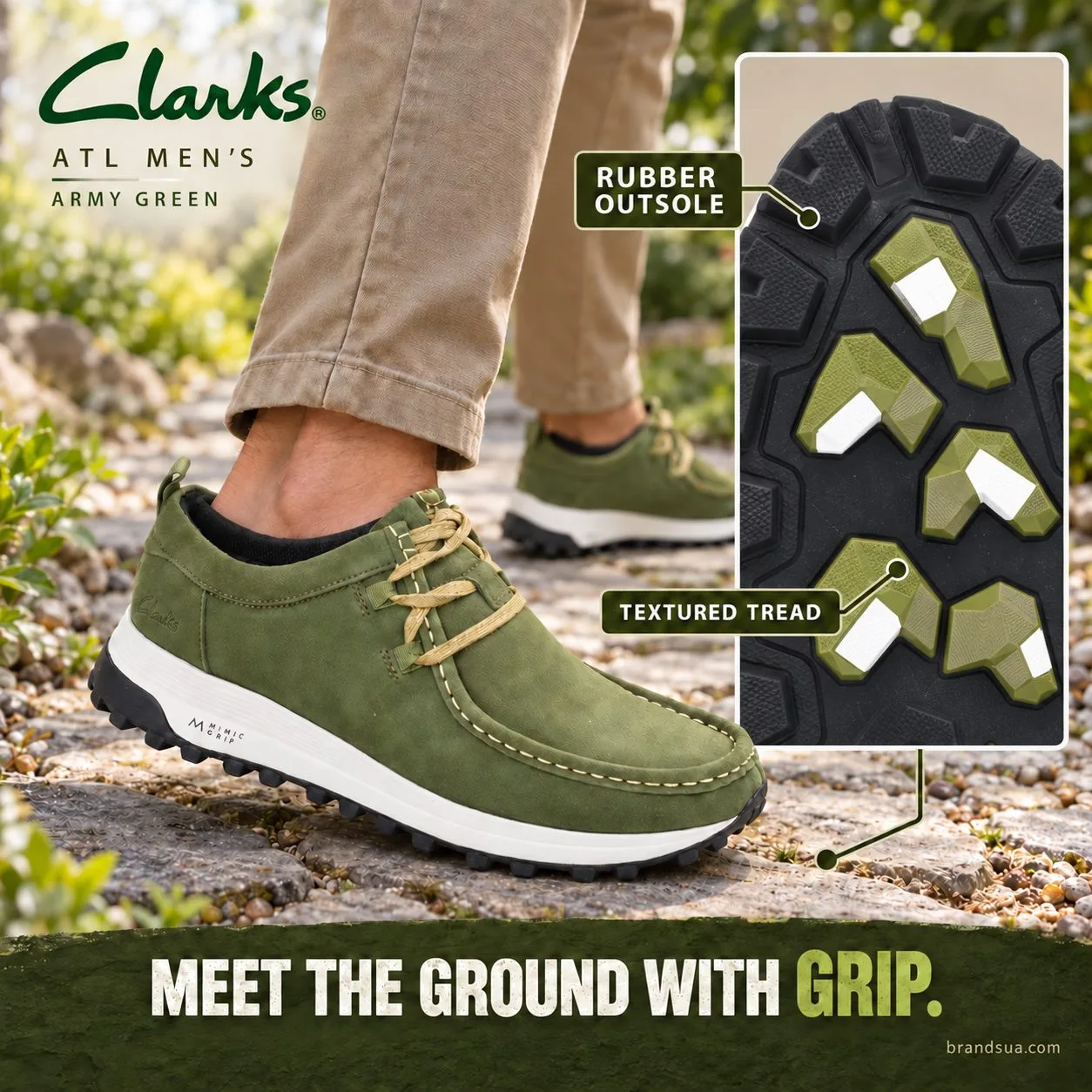 Clarks ATL Men's shoe in Army Green — MEET THE GROUND WITH GRIP.; Adultfeet stepping normalstonegardenpath exactshoeforegrou…