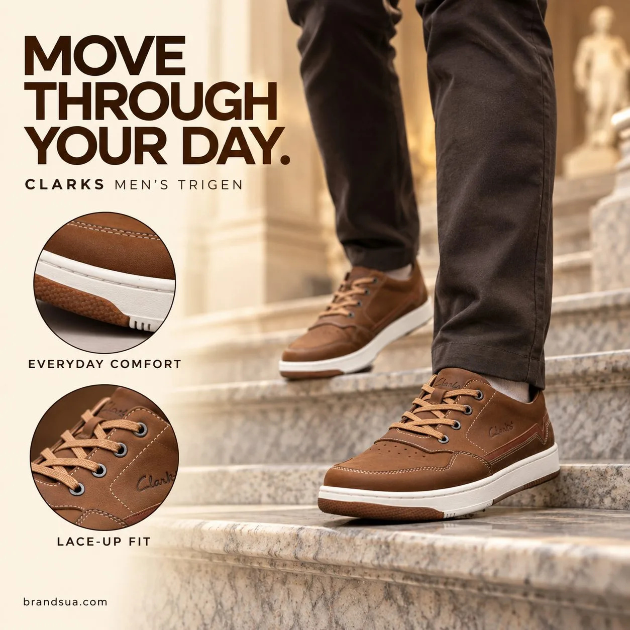 Clarks Men's Trigen — MOVE THROUGH YOUR DAY.; Adultwalking museumstairs in darkchinos exactbrownshoe visiblefrontside faithf…