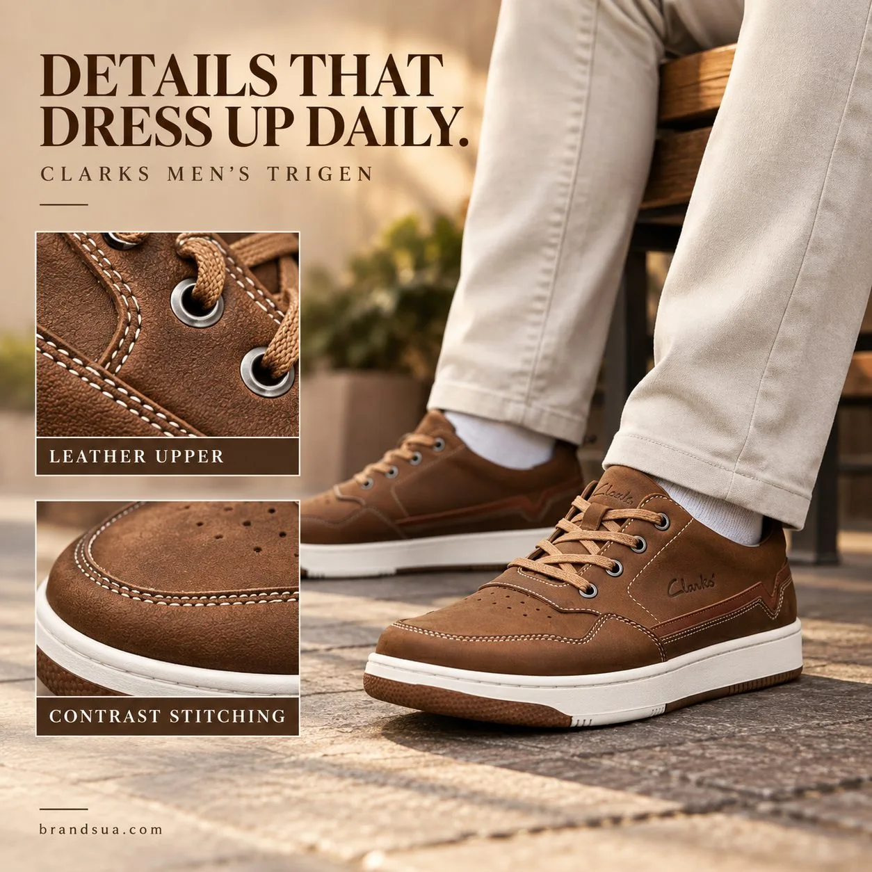 Clarks Men's Trigen — DETAILS THAT DRESS UP DAILY.; Elegant editorialwarmtan spread neckdownadult lacing shoe onbench, macro…