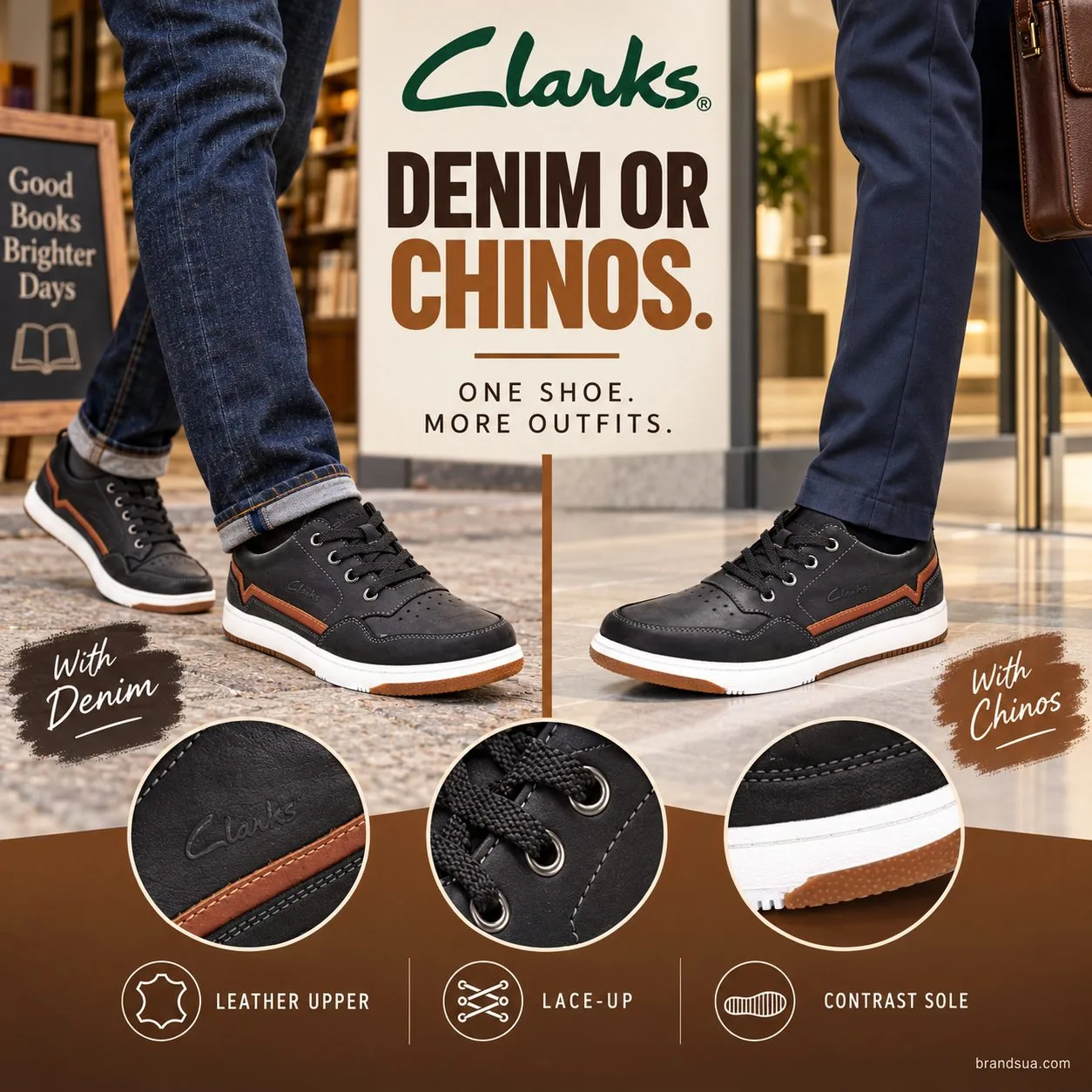 Clarks Men's Trigen — DENIM OR CHINOS.; Two actual-use panels of same shoe: adult striding from bookshop in dark denim; adul…