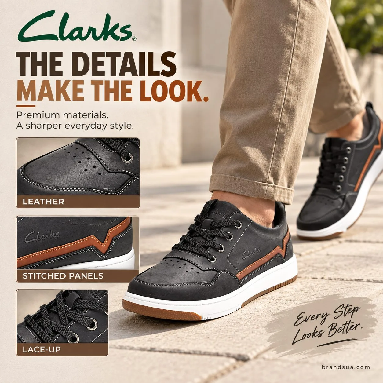Clarks Men's Trigen — THE DETAILS MAKE THE LOOK.; Adult crossing sunlit pavement with exact worn shoe; macro windows enlarge…