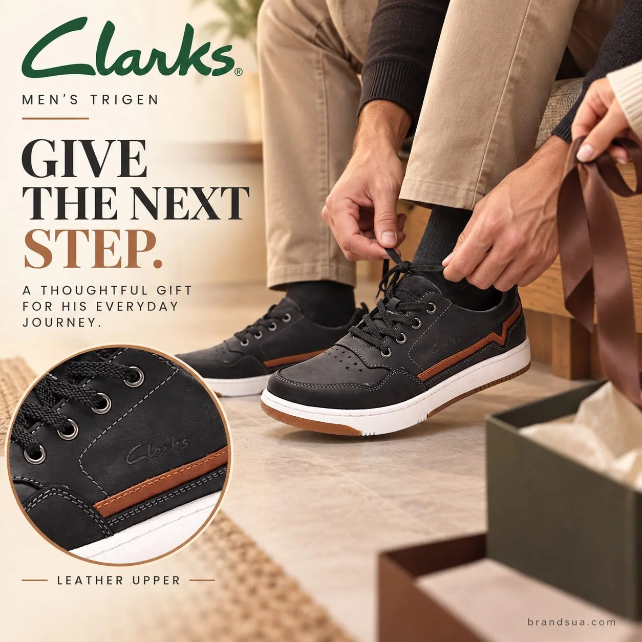 Clarks Men's Trigen — GIVE THE NEXT STEP.; Adult recipient tying exact shoe on foot at hallway bench; cropped partner hand h…