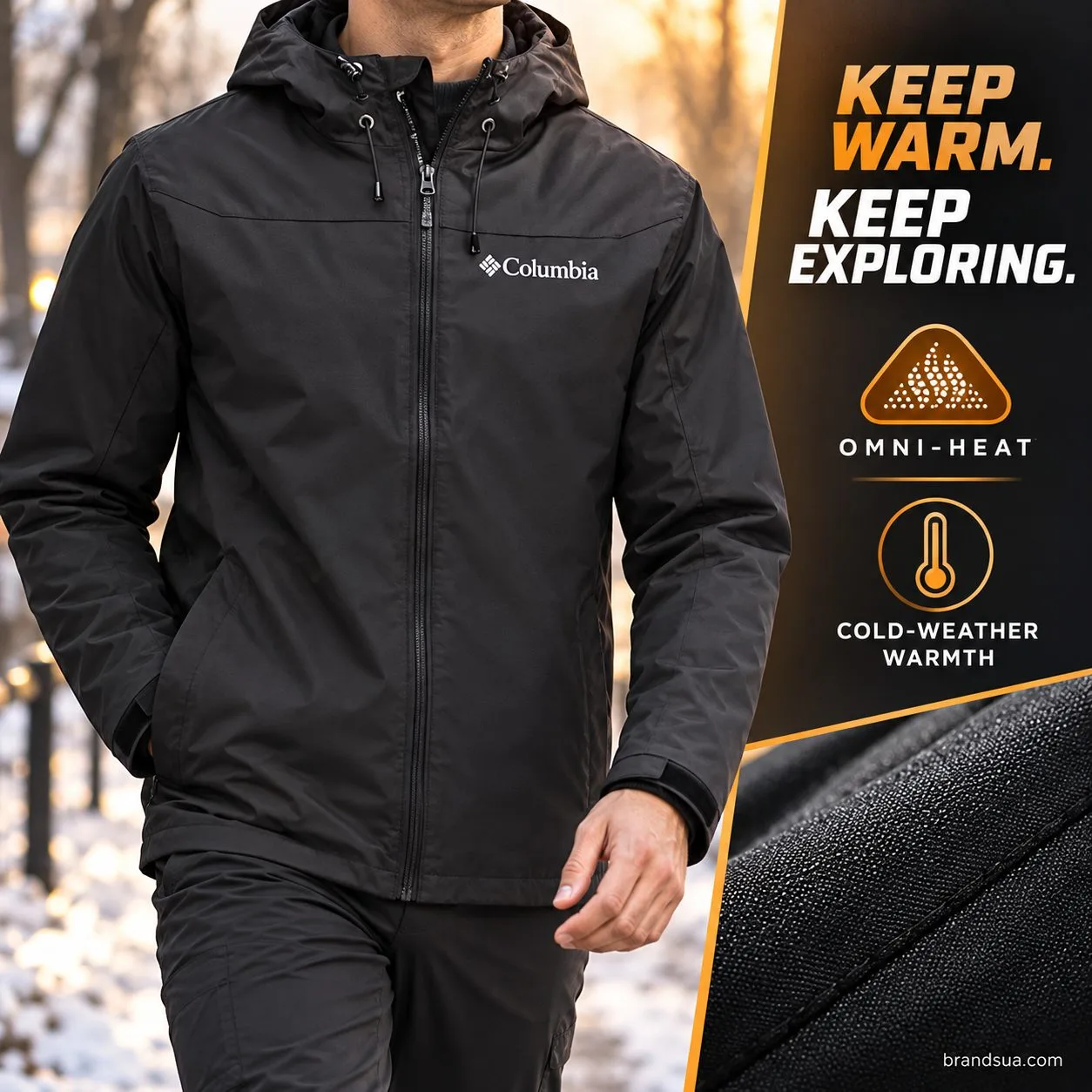 Columbia Men`s ( omni-heat tecnology ) — KEEP WARM. KEEP EXPLORING.; Adult torso strictly BELOW CHIN walkingpark coldmorning…
