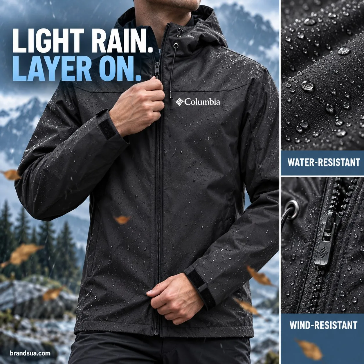 Columbia Men`s ( omni-heat tecnology ) — LIGHT RAIN. LAYER ON.; Torso belowchin adult outdoors zipping exactblackjacket inli…
