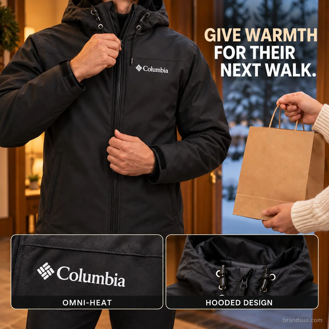 Columbia Men`s ( omni-heat tecnology ) — GIVE WARMTH FOR THEIR NEXT WALK.; Adult torso entirelyneckdown in exactjacket handc…