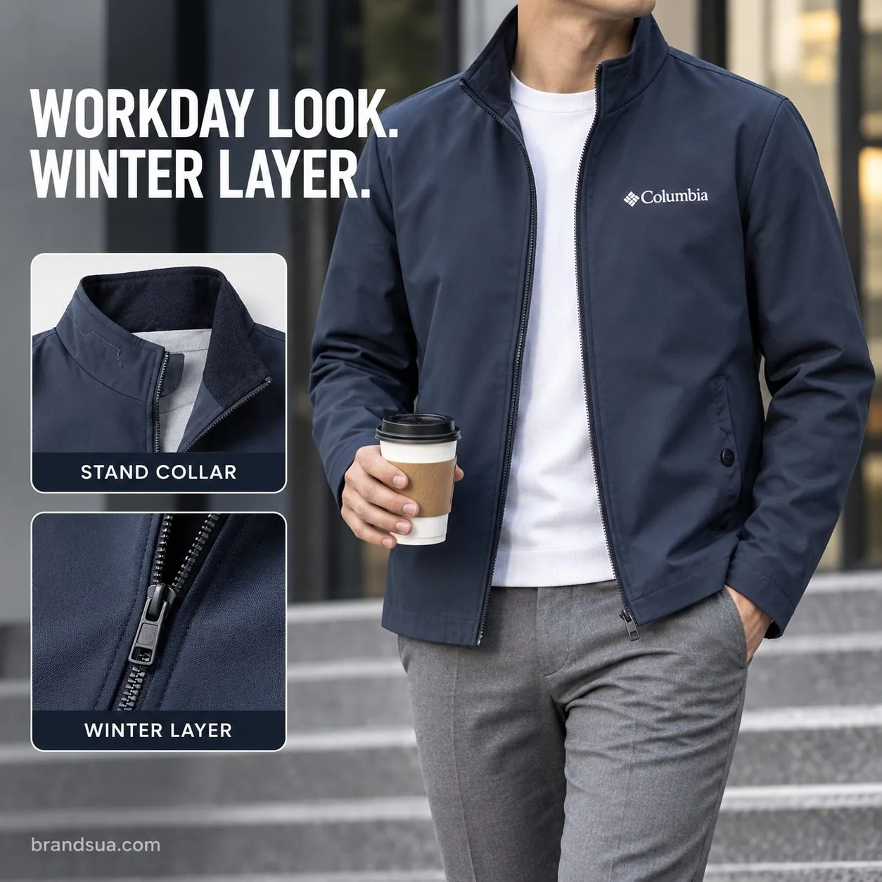 Columbia winter men's business jacket — WORKDAY LOOK. WINTER LAYER.; Neckdown adult walkingcityoffice stairs exactnavystandc…