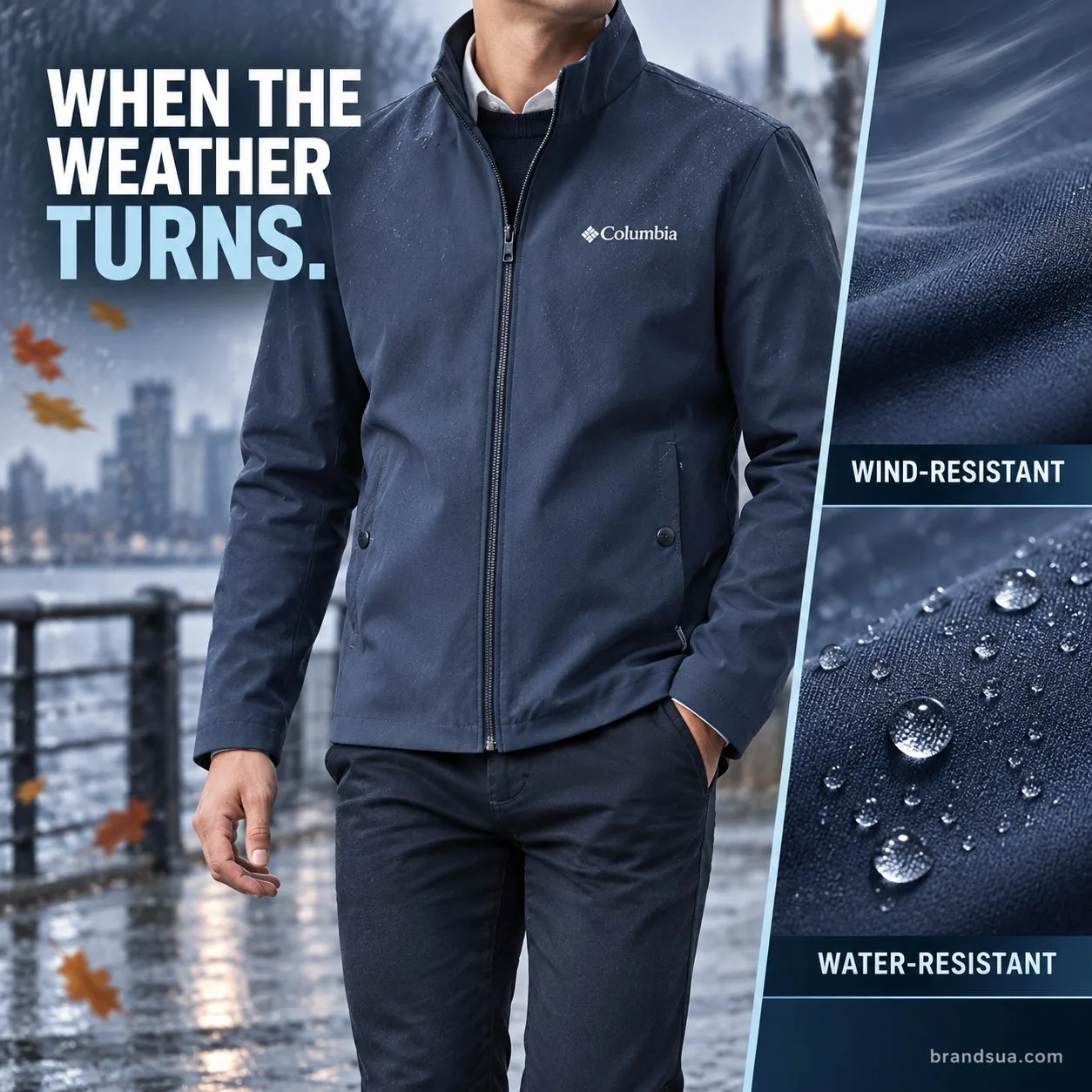 Columbia winter men's business jacket — WHEN THE WEATHER TURNS.; Adultneckdown walkingriverpromenade wearing navyjacket zipp…