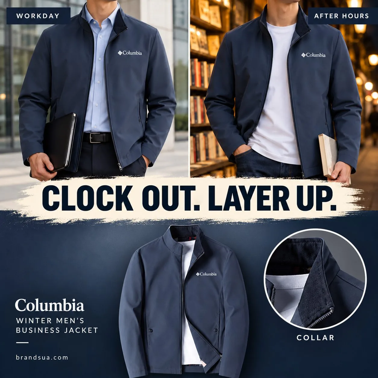 Columbia winter men's business jacket — CLOCK OUT. LAYER UP.; Two cinematicpanels torso neckdown carrying slimdocumentfolio…