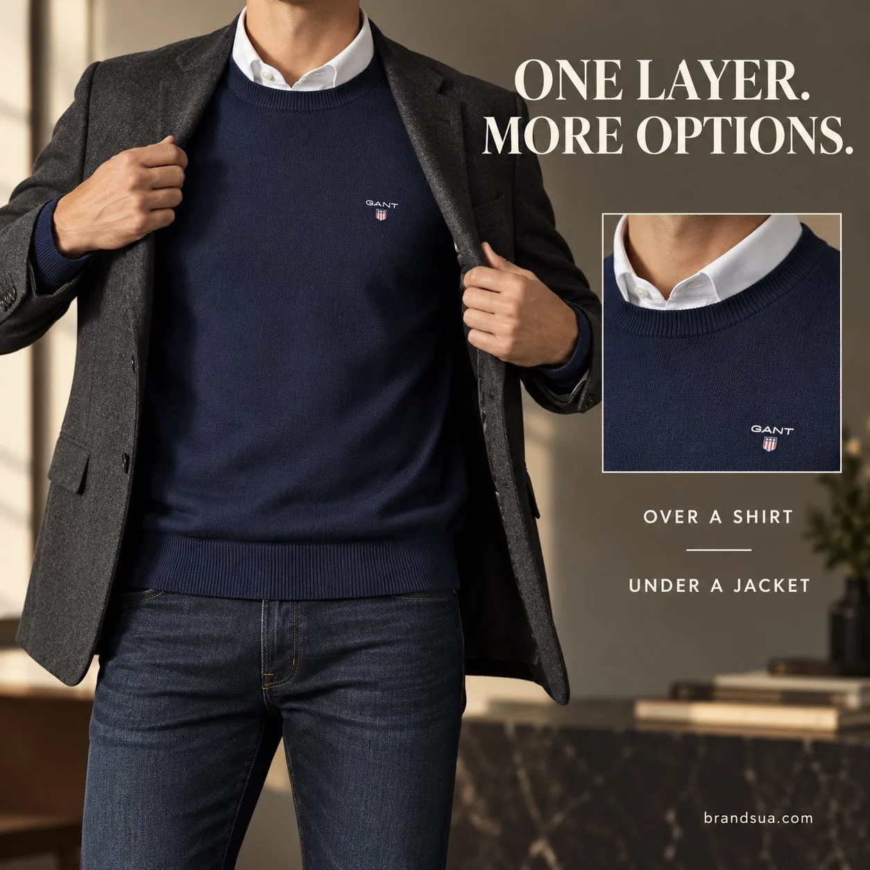 Gant Classic Cotton Crew Neck Jumper — Adult chest-to-thigh naturally putting on an OPEN plain charcoal blazer over exact na…