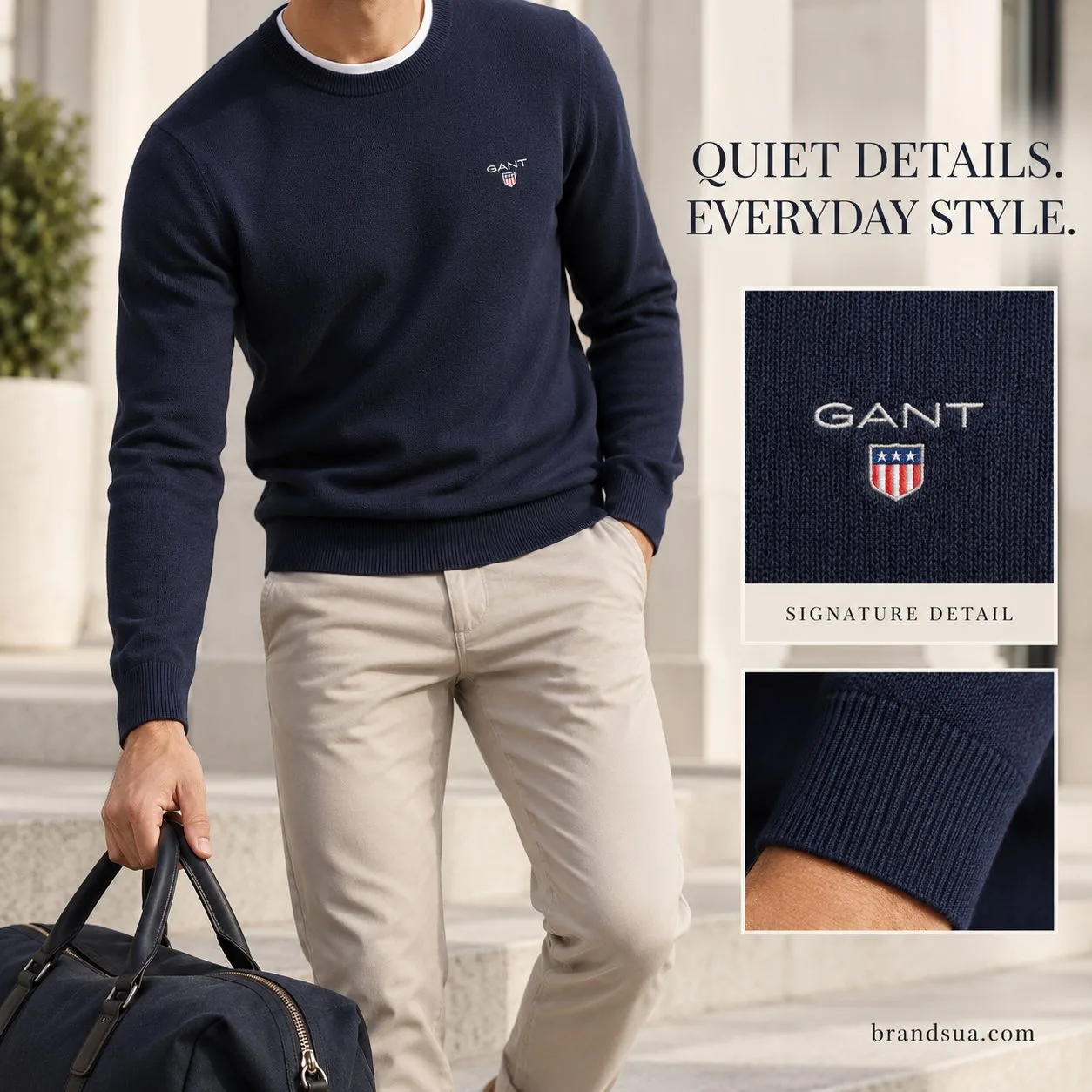 Gant Classic Cotton Crew Neck Jumper — Cropped adult reaching down to pick up a plain weekend bag while wearing exact navy j…