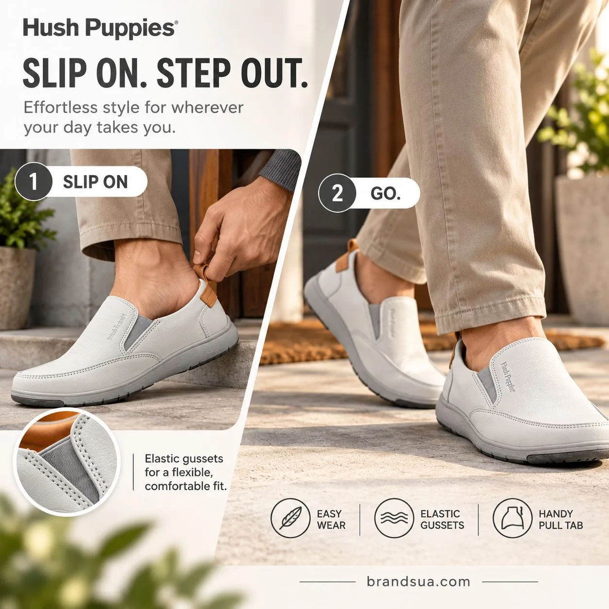 hush puppies Grey Baylor Slip-On Shoes 3912 — Donning action and worn result demonstrate convenience.