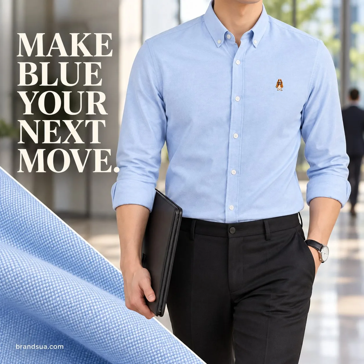 Hush puppies long-sleeved solid — Adult chest-to-thigh cropped carrying document folder through bright office lobby, blue sh…