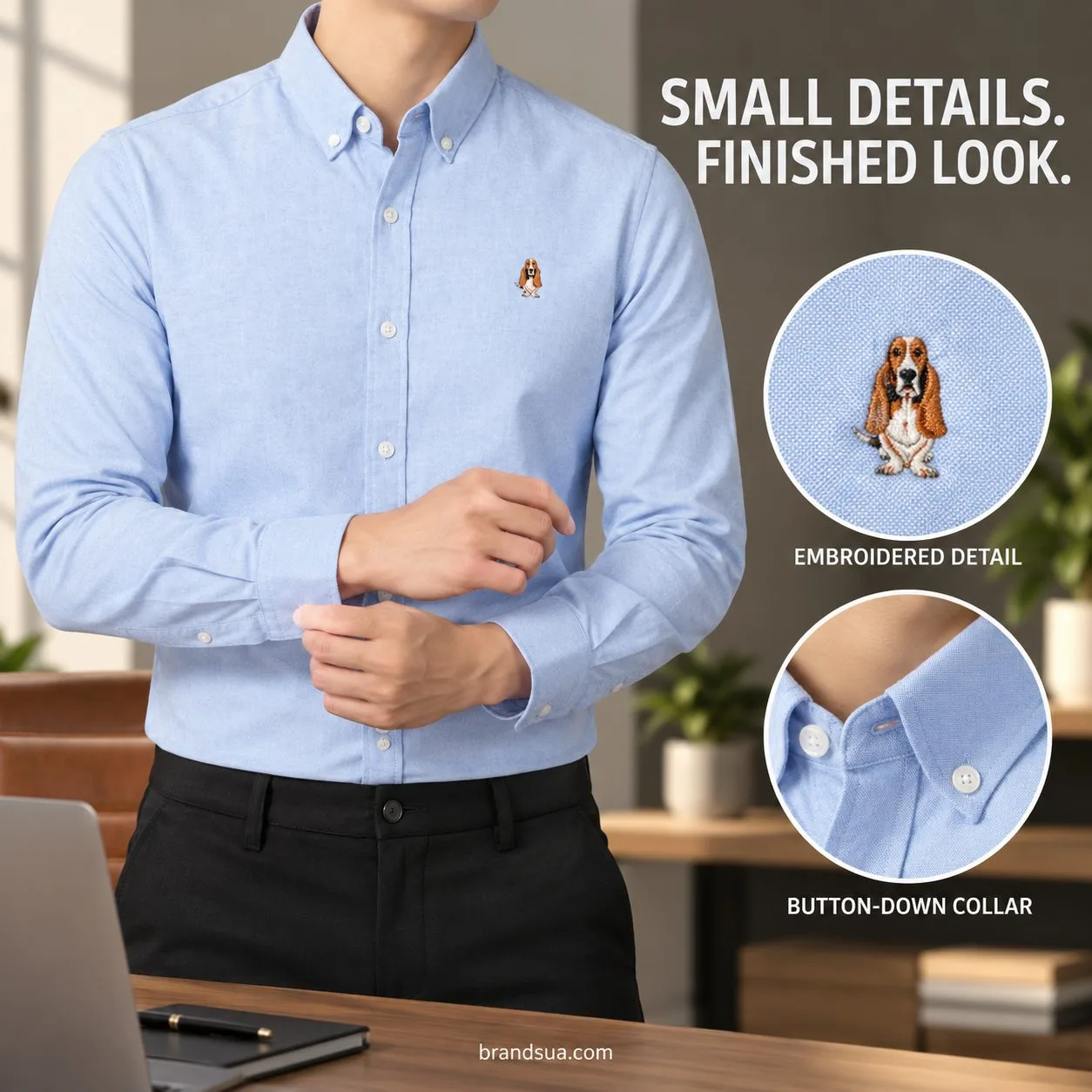 Hush puppies long-sleeved solid — Adult fastening sleeve cuff near desk; large inset shows accurate tiny basset dog embroide…