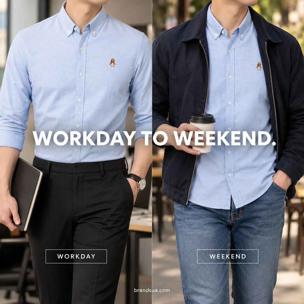 Hush puppies long-sleeved solid — Diptych cropped torso: left office trousers and notebook, right denim and casual jacket ov…