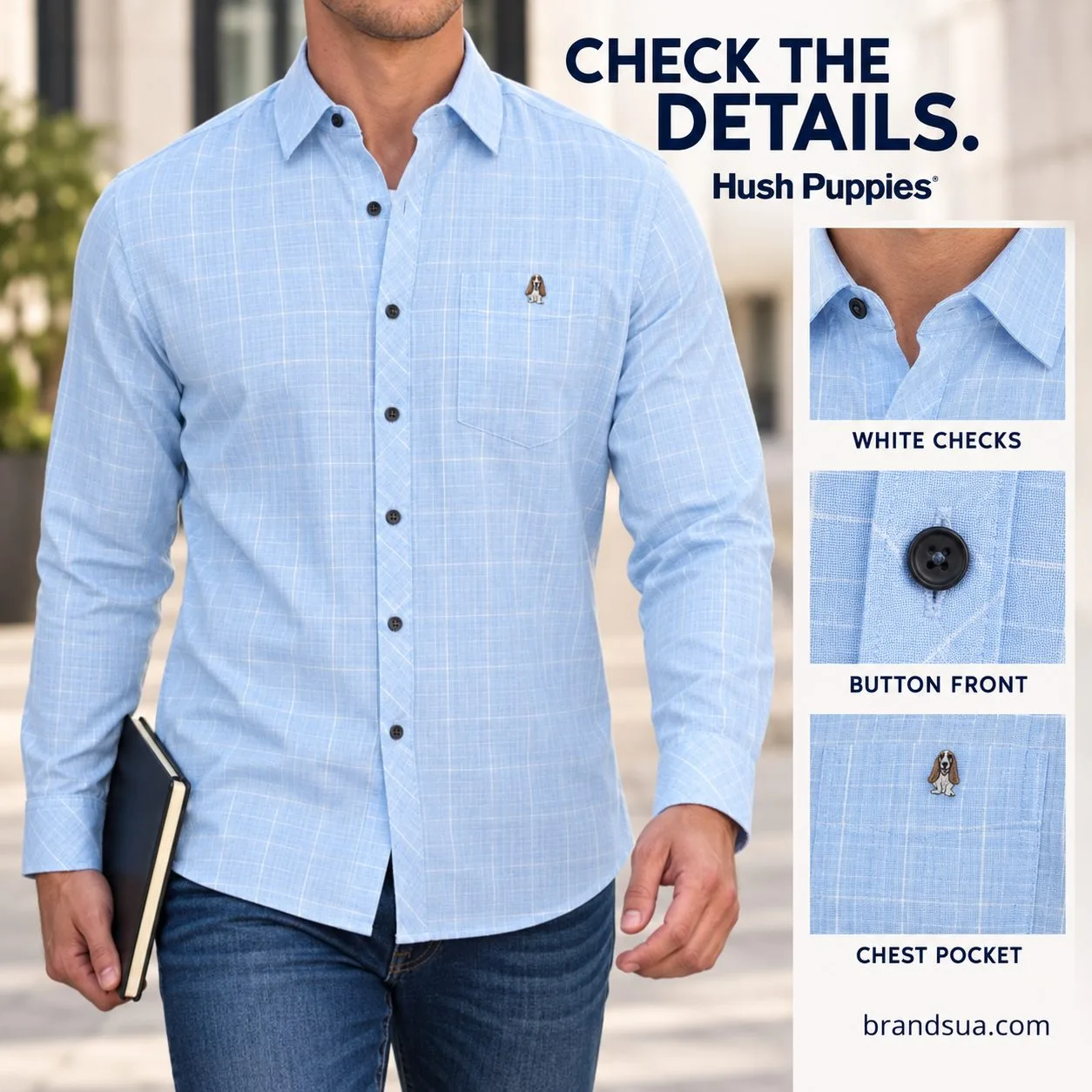 Hush Puppies Men’s Casual Shirt — Annotated physical details make shirt construction visible.