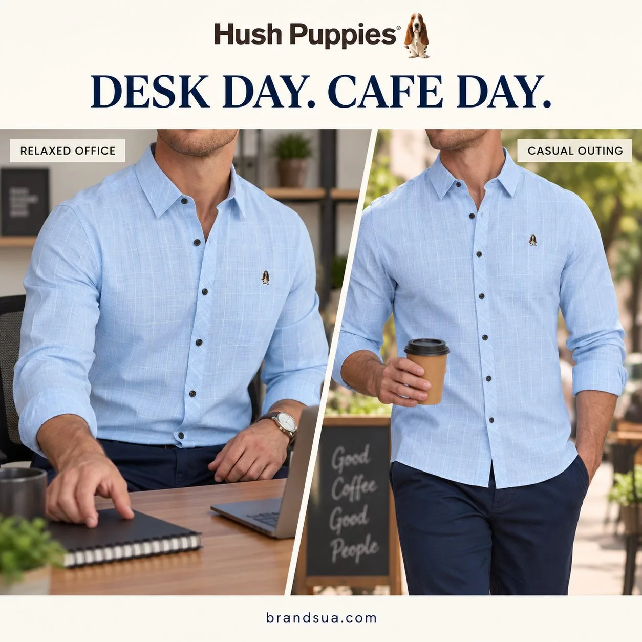 Hush Puppies Men’s Casual Shirt — Two settings demonstrate versatility without changing product.