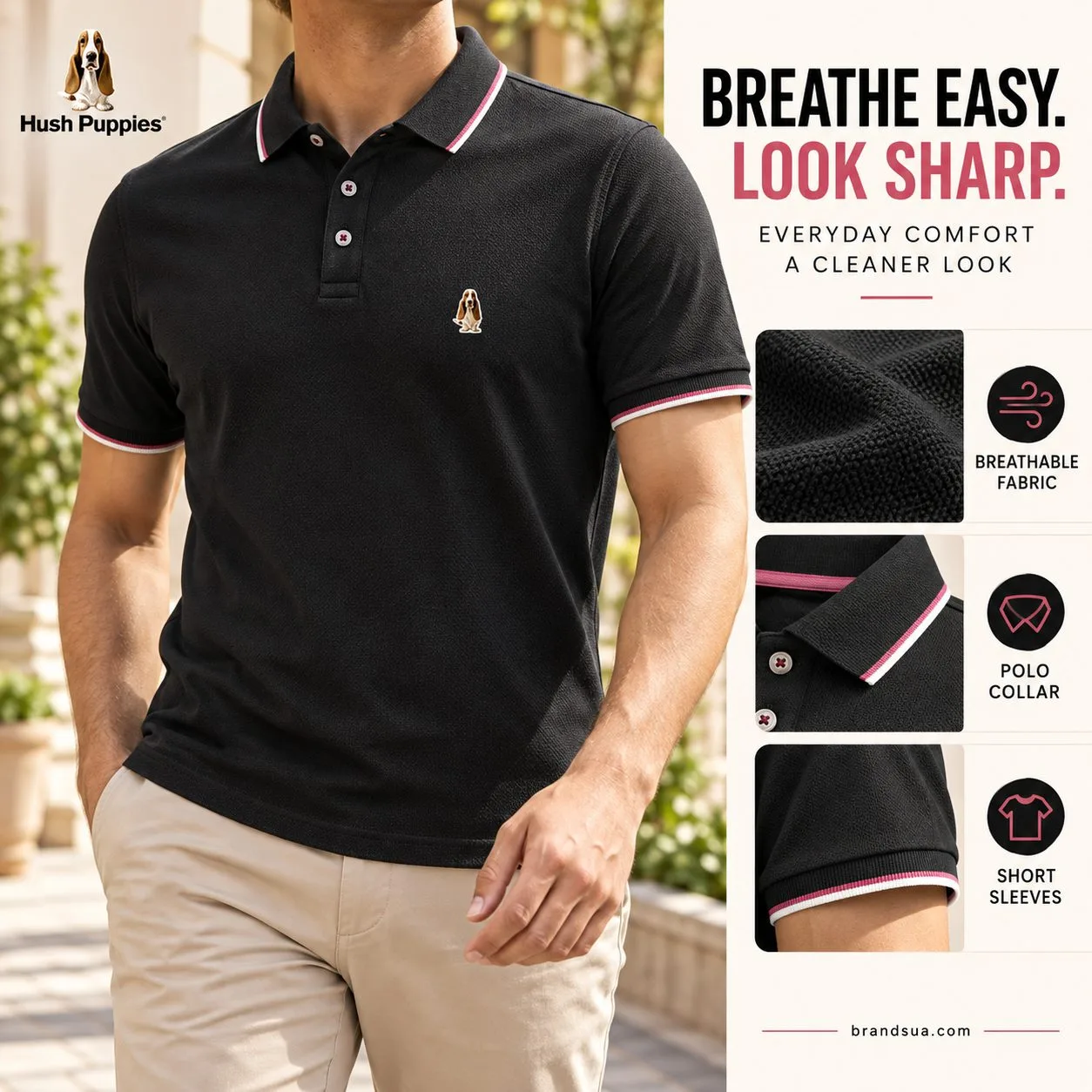 Hush Puppies short-sleeved T-Shirt (Polo) — BREATHE EASY. LOOK SHARP.; Adult wearing exact black polo walking through sunlit…