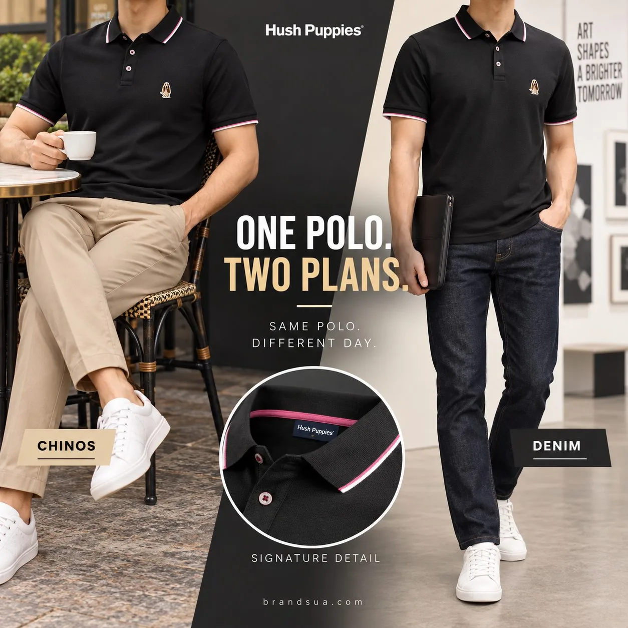Hush Puppies short-sleeved T-Shirt (Polo) — ONE POLO. TWO PLANS.; Two neck-down actual-use frames show exact polo with sand…