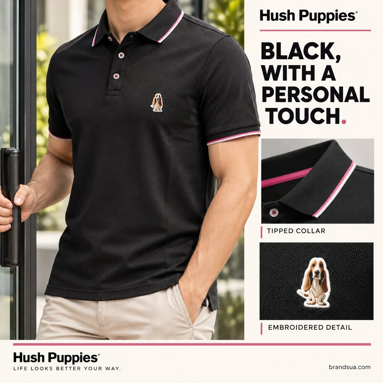 Hush Puppies short-sleeved T-Shirt (Polo) — BLACK, WITH A PERSONAL TOUCH.; Adult wearing polo opening terrace door, cropped…