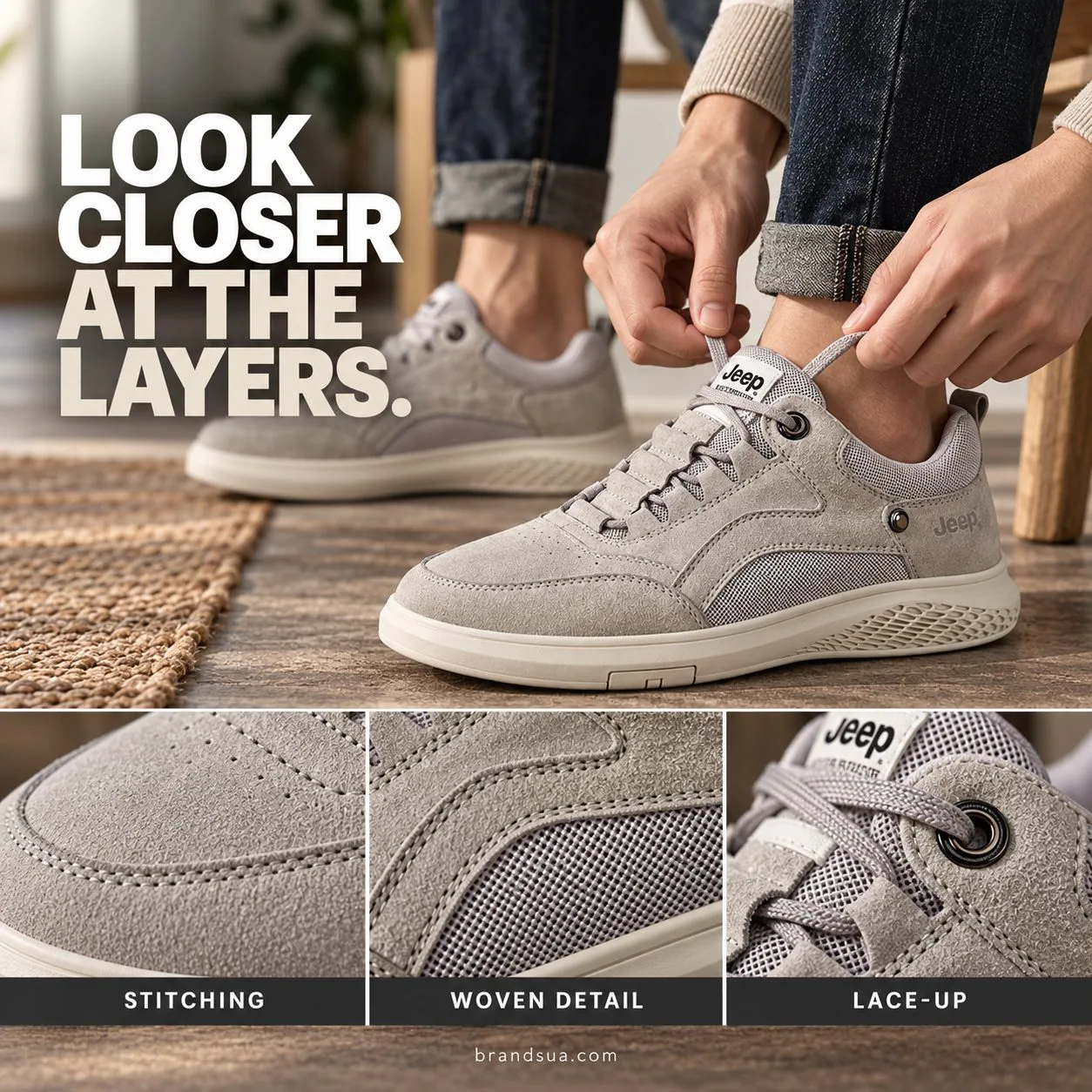 Jeep 993011 men shoe — Cropped adult seated tying grey laces; horizontal strip of three truthful macros of actual toe stitch…