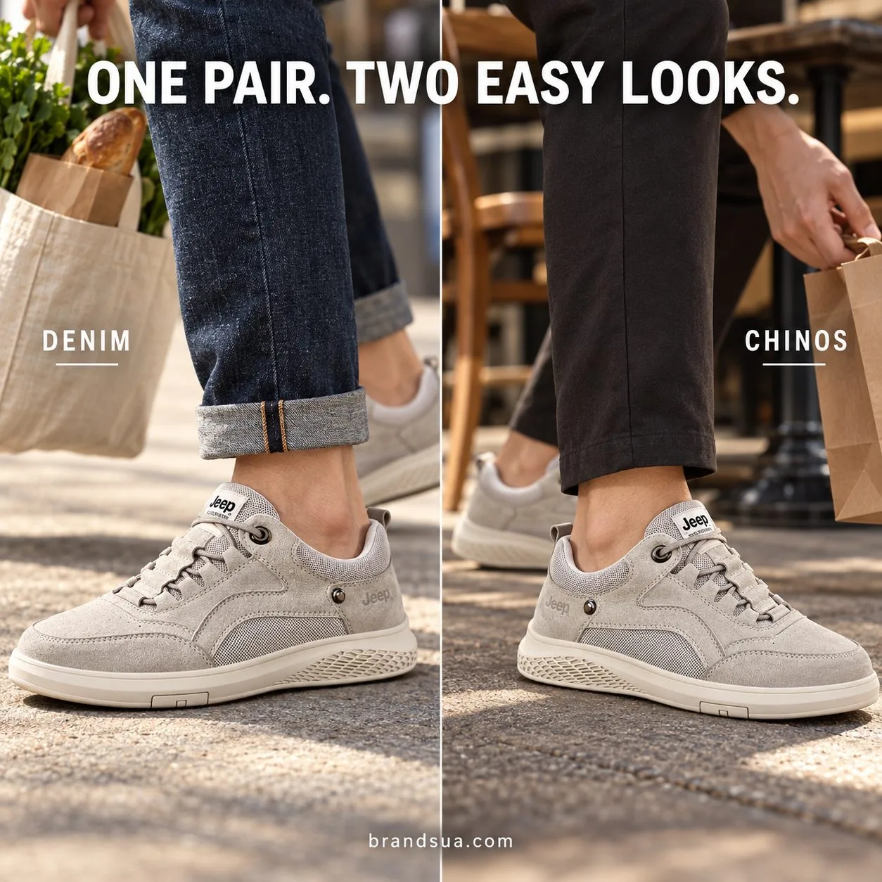 Jeep 993011 men shoe — Two side-by-side candid panels: adult denim hem while carrying groceries, adult dark chinos picking u…