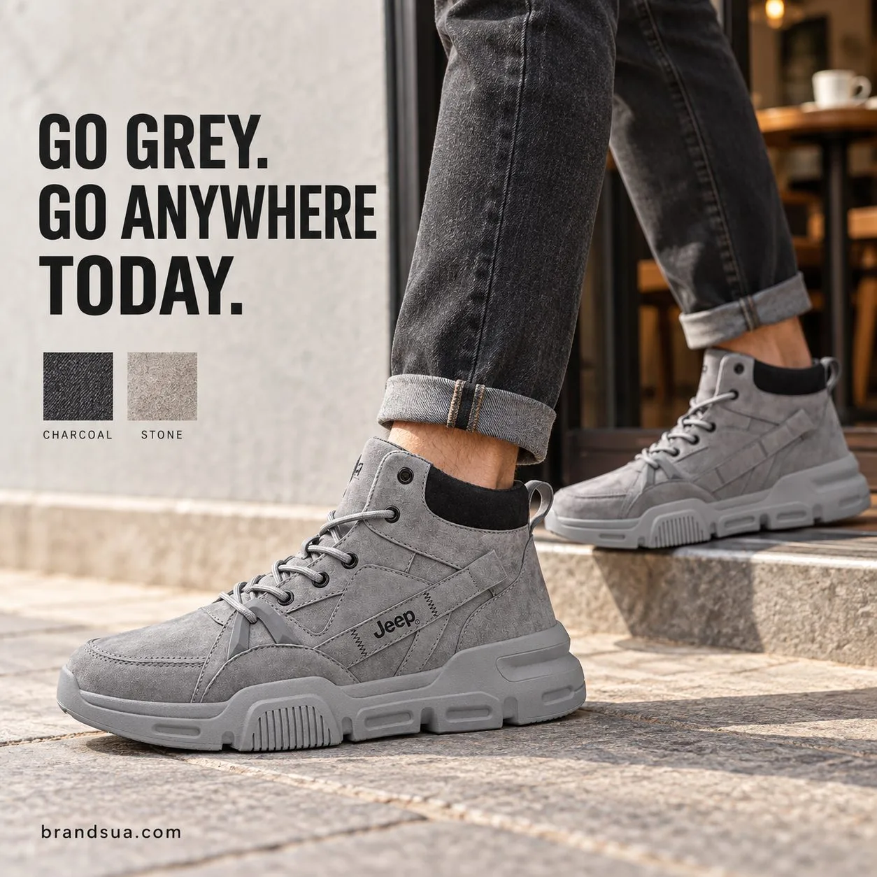 Jeep B03190090B Men Shoe — Adult in rolled charcoal denim stepping out of café doorway, exact grey high-top visible includin…