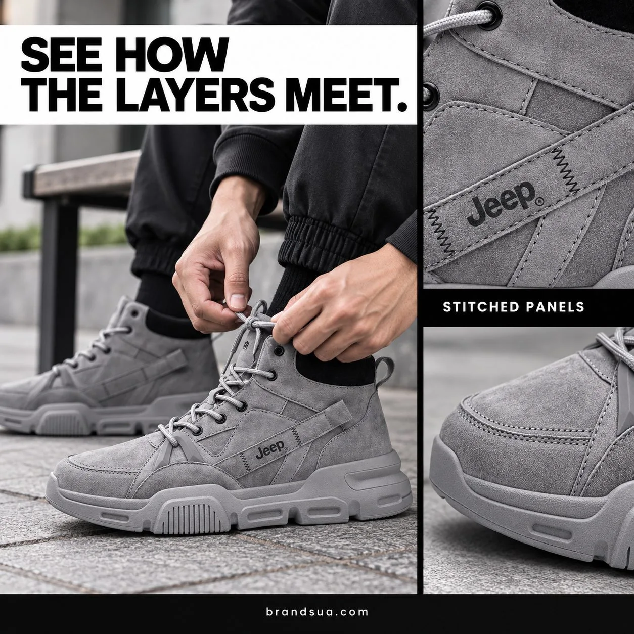 Jeep B03190090B Men Shoe — Adult seated on public bench naturally tightening grey laces, exact outer side angled clearly. Bi…
