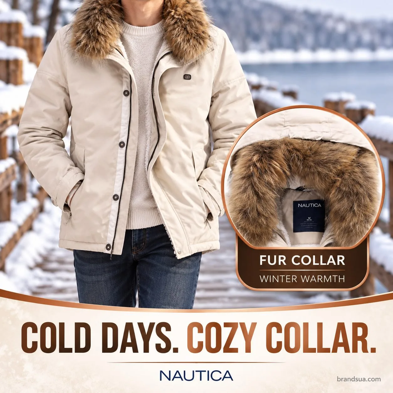 Nautica jacket thickened fur collar — COLD DAYS. COZY COLLAR.; Adult torso fullybelowchin creamjacket walkingwinterboardwalk…