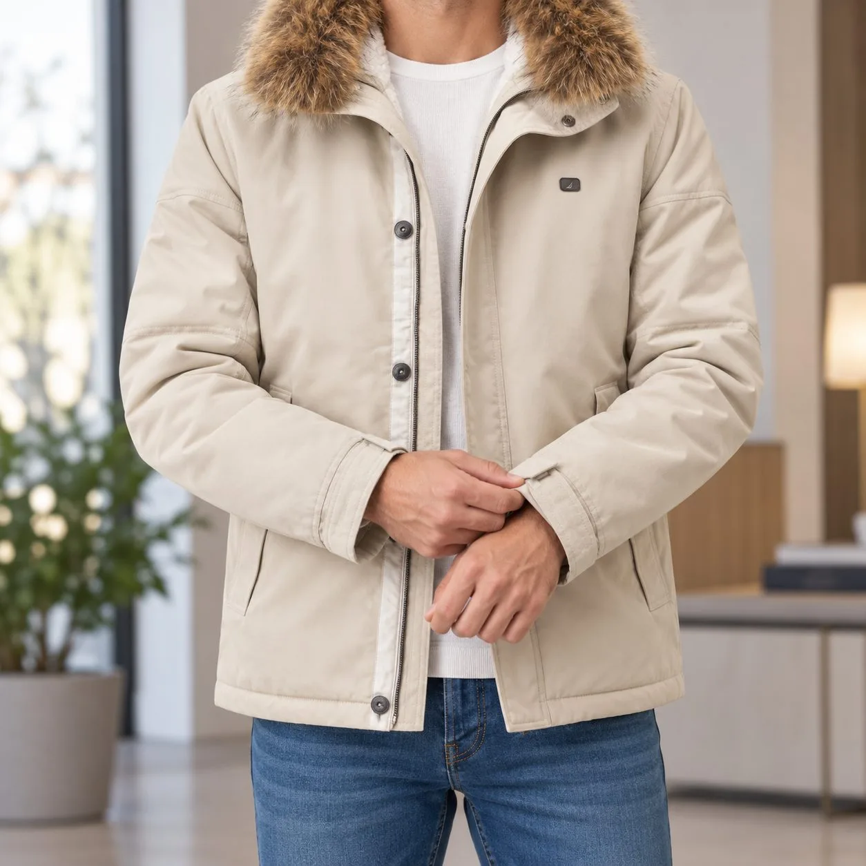 Nautica jacket thickened fur collar — Colors: beige, Size: 2xl
