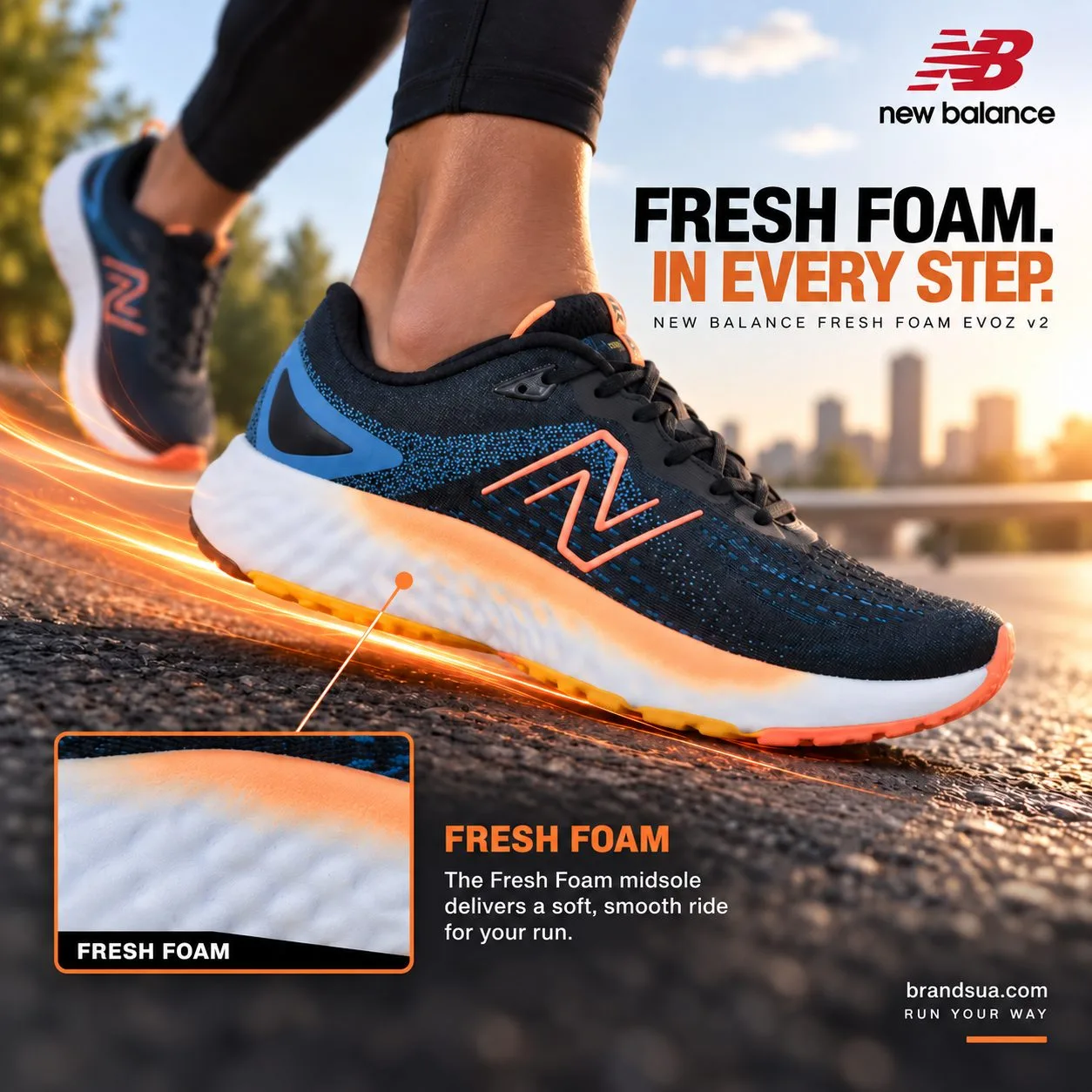 New Balance Fresh Foam Evoz v2 — Foam closeup connects name to visiblecushioning.