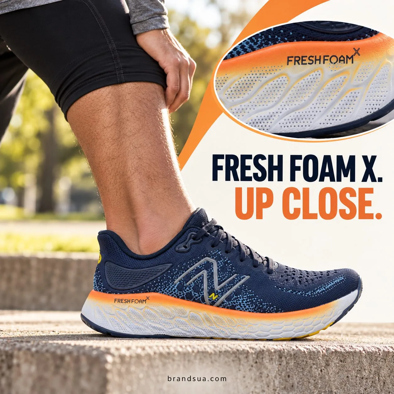 New Balance Fresh Foam Navy M1080E12 — Real runner calf stretch against low park step with shoe planted naturally, full side…