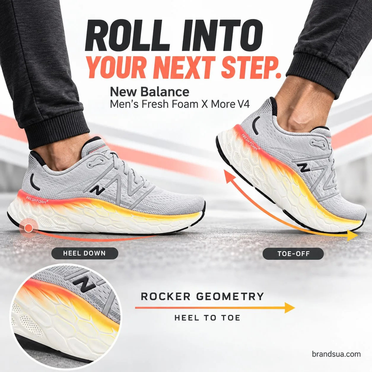 New Balance Men's Fresh Foam X More V4 — ROLL INTO YOUR NEXT STEP.; Two crispactualwearframes heel-down andtoe-off exactsame…
