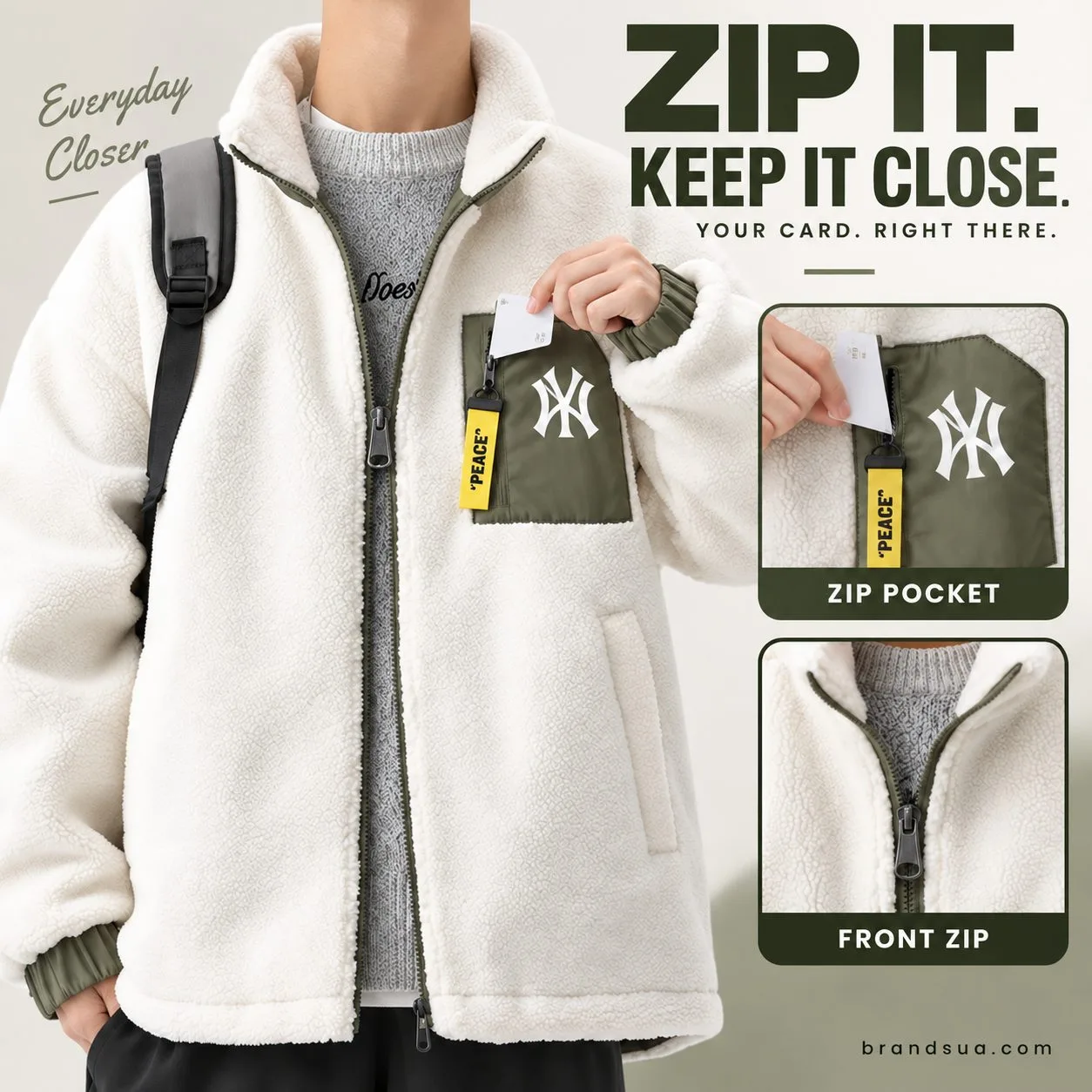 NY men wool Jacket — ZIP IT. KEEP IT CLOSE.; Adult wearing jacket uses one hand to slide plain card into existing olive ches…