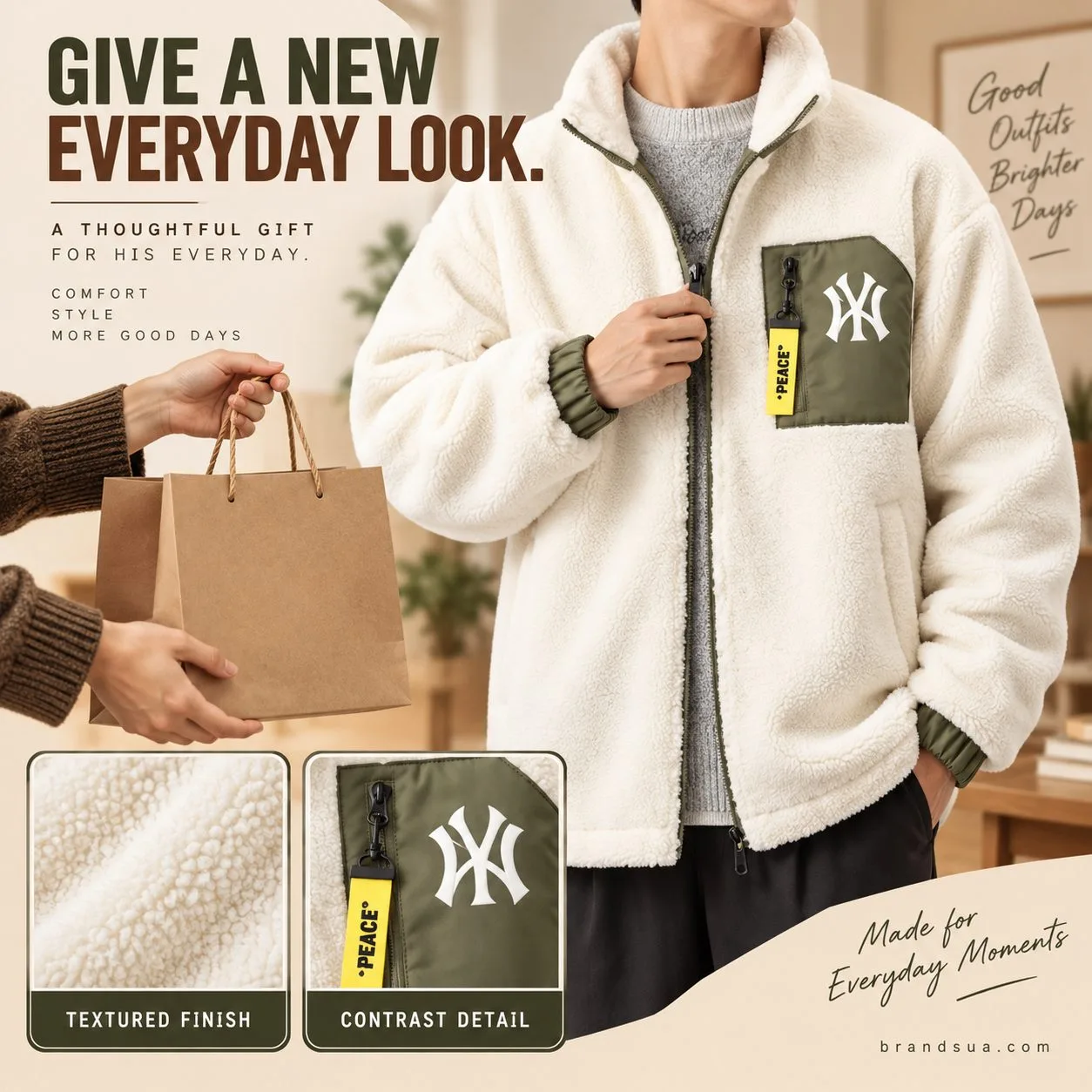 NY men wool Jacket — GIVE A NEW EVERYDAY LOOK.; Adult receiving jacket already worn, pulling front zipper while another crop…