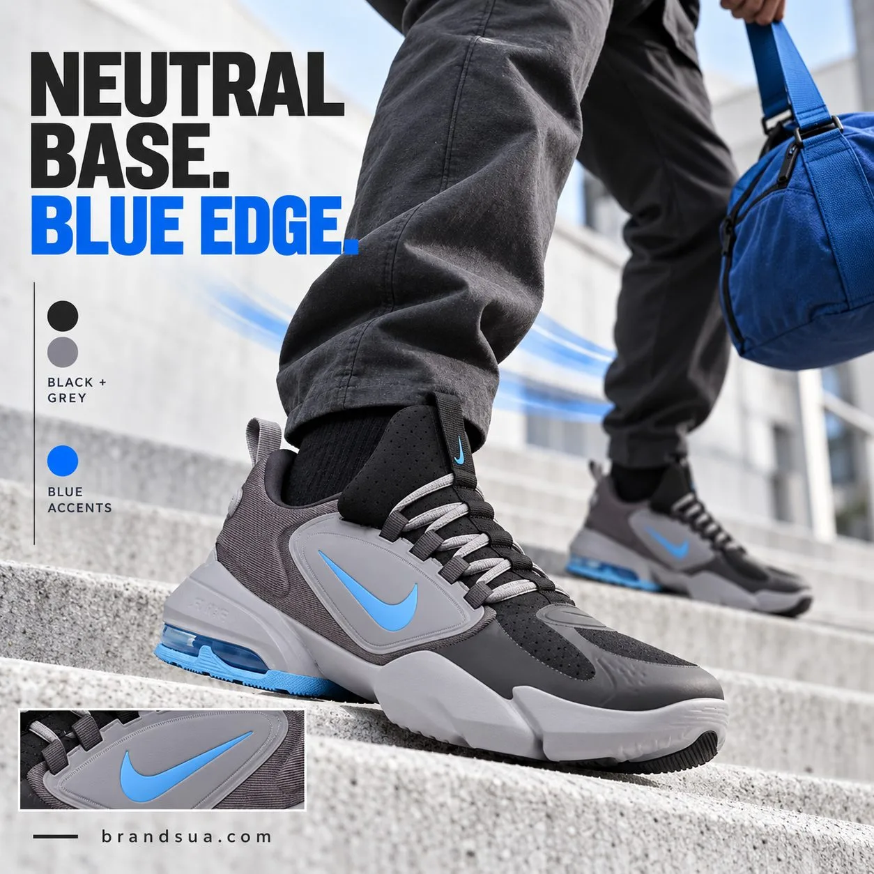 Nike Air Max Alpha Savage 'Black Thunder Grey' AT3378-040 — Designed NEUTRAL BASE. BLUE EDGE. outfit advertisement showing a…