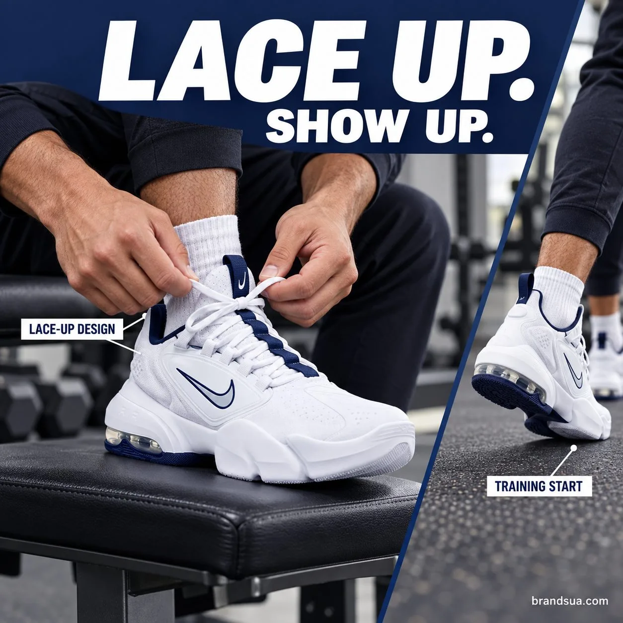 Nike Air Max Alpha Savage White Midnight Navy — Real hands tighten the original white laces on a shoe resting on a low gym b…