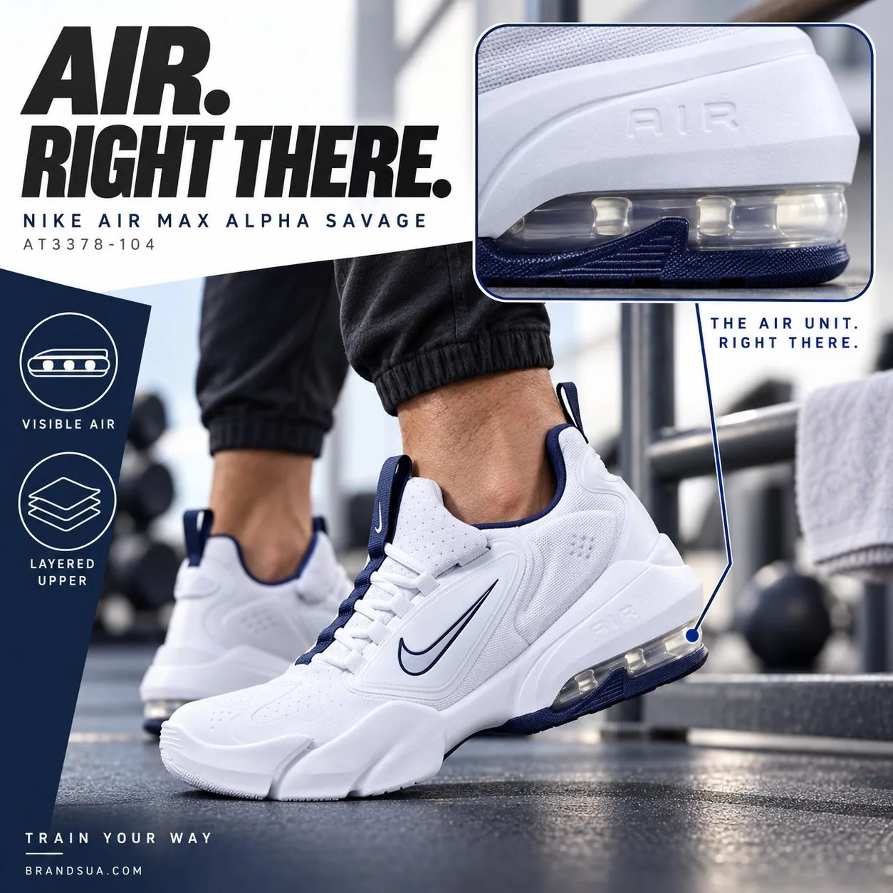 Nike Air Max Alpha Savage White Midnight Navy — Actual heel window macro with fine connector to the same heel on an on-foot…