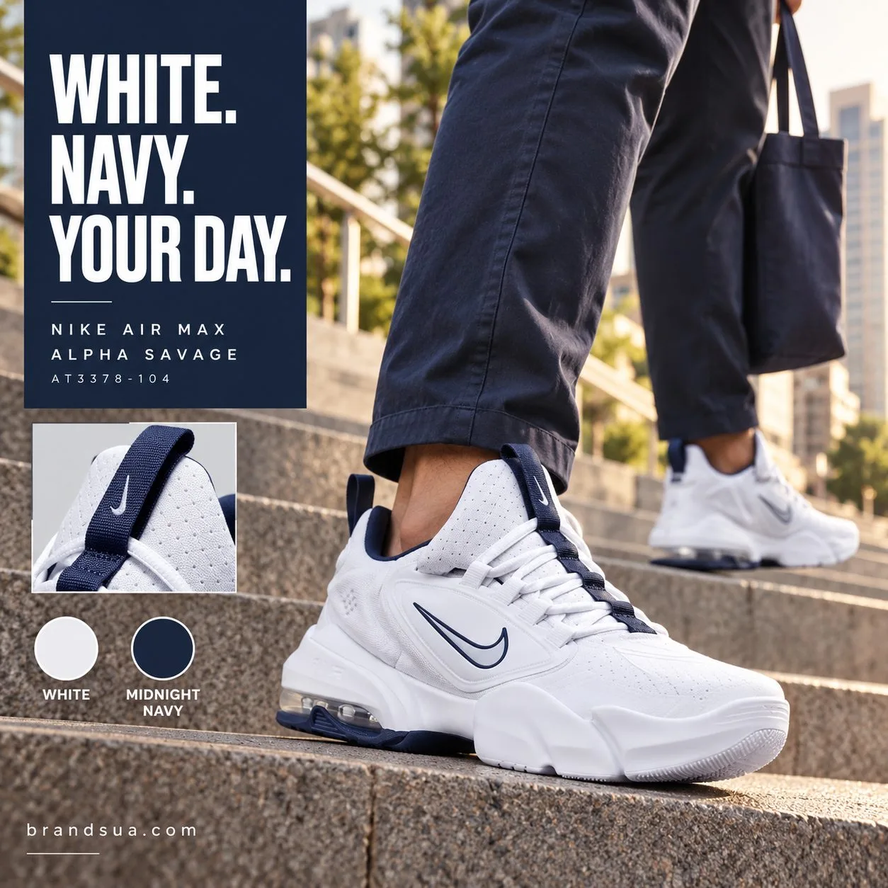 Nike Air Max Alpha Savage White Midnight Navy — Adult in dark navy chinos actively climbs a broad city step; a coordinated n…